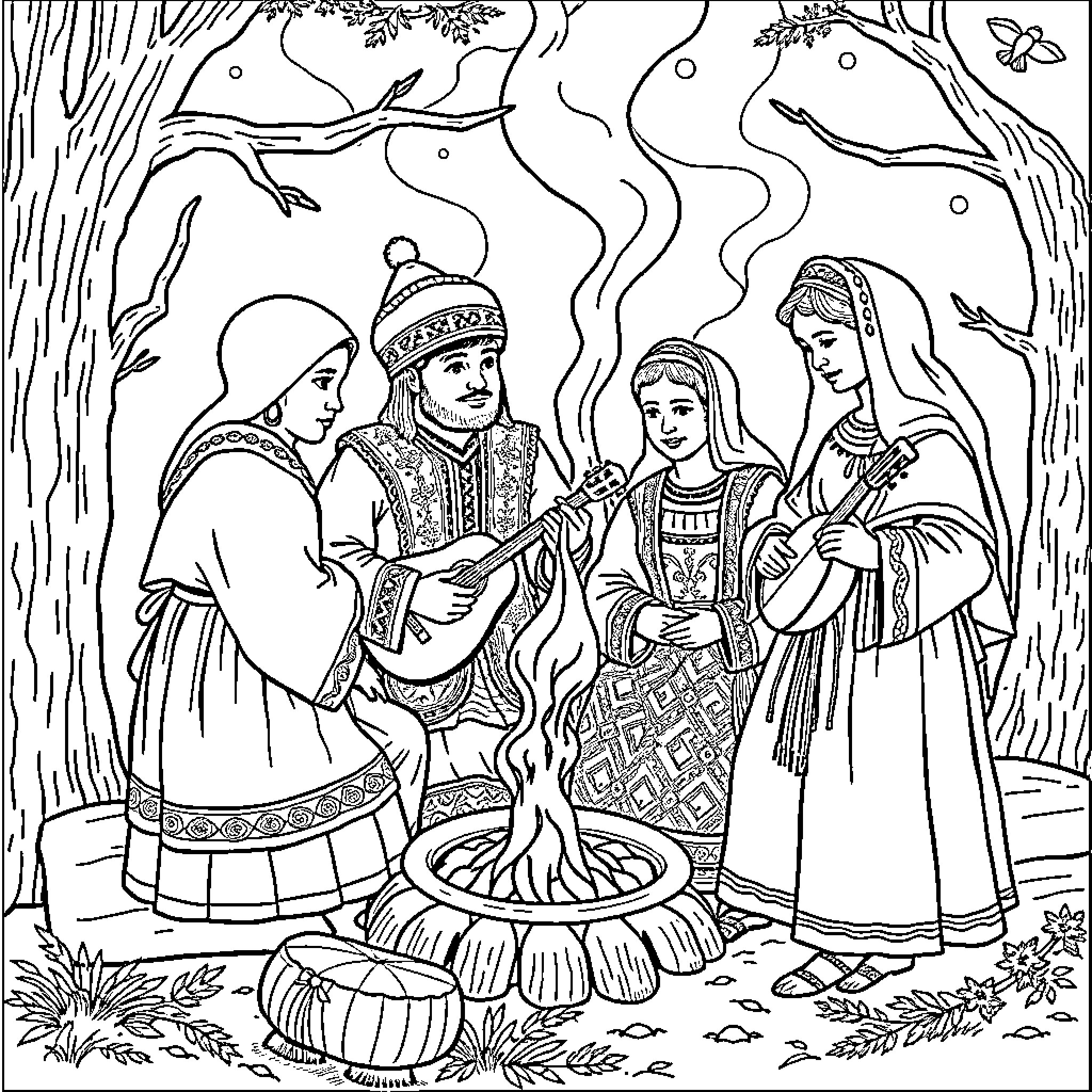 Tradition of Folk Attire and Ritual Gathering Coloring Page (free black-and-white line drawing printable PDF for all, from beginners to advanced learners, including children, teens, adults, and seniors)