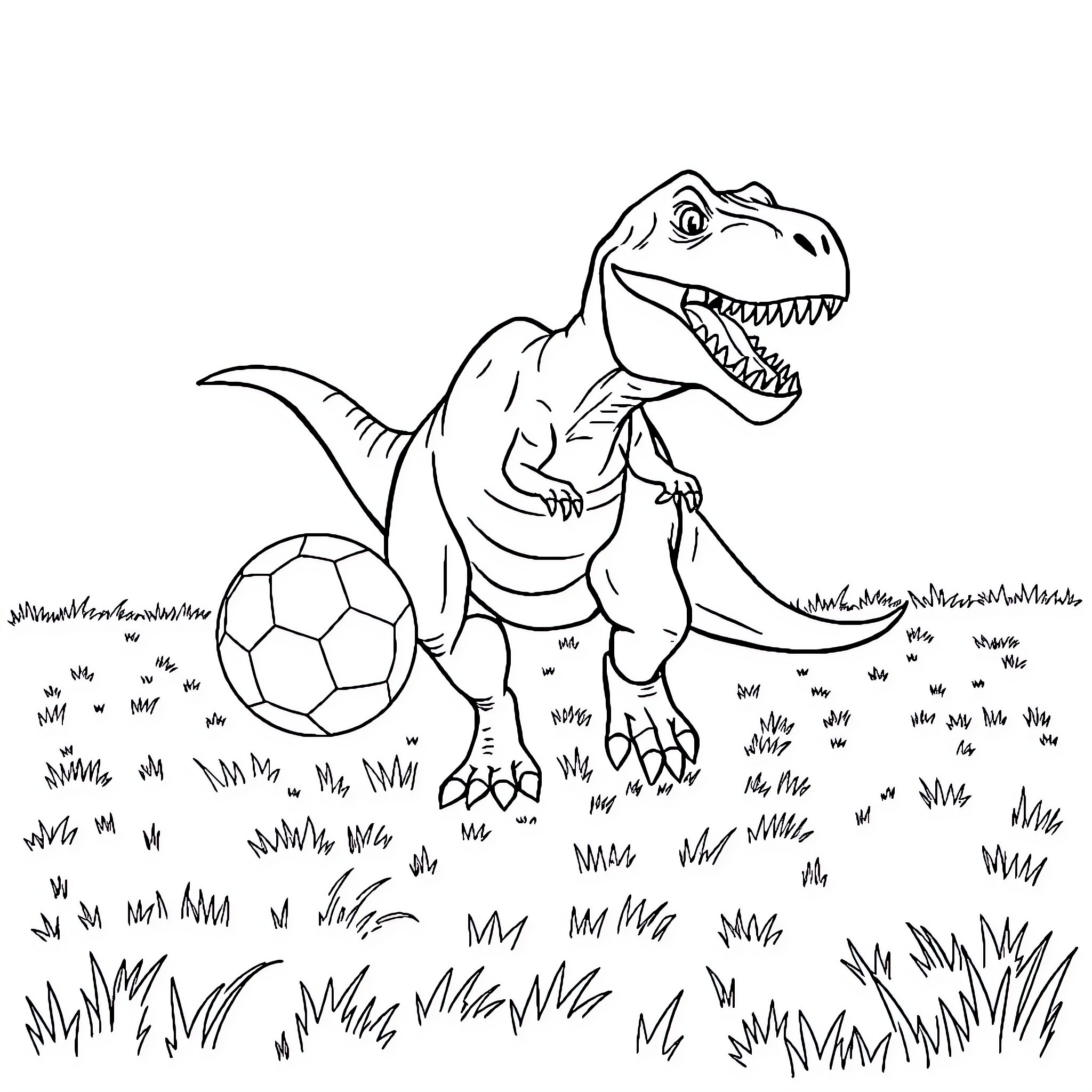 T-Rex Chasing Soccer Ball in Grassy Field Coloring Page (free black-and-white line drawing printable PDF for all, from beginners to advanced learners, including children, teens, adults, and seniors)