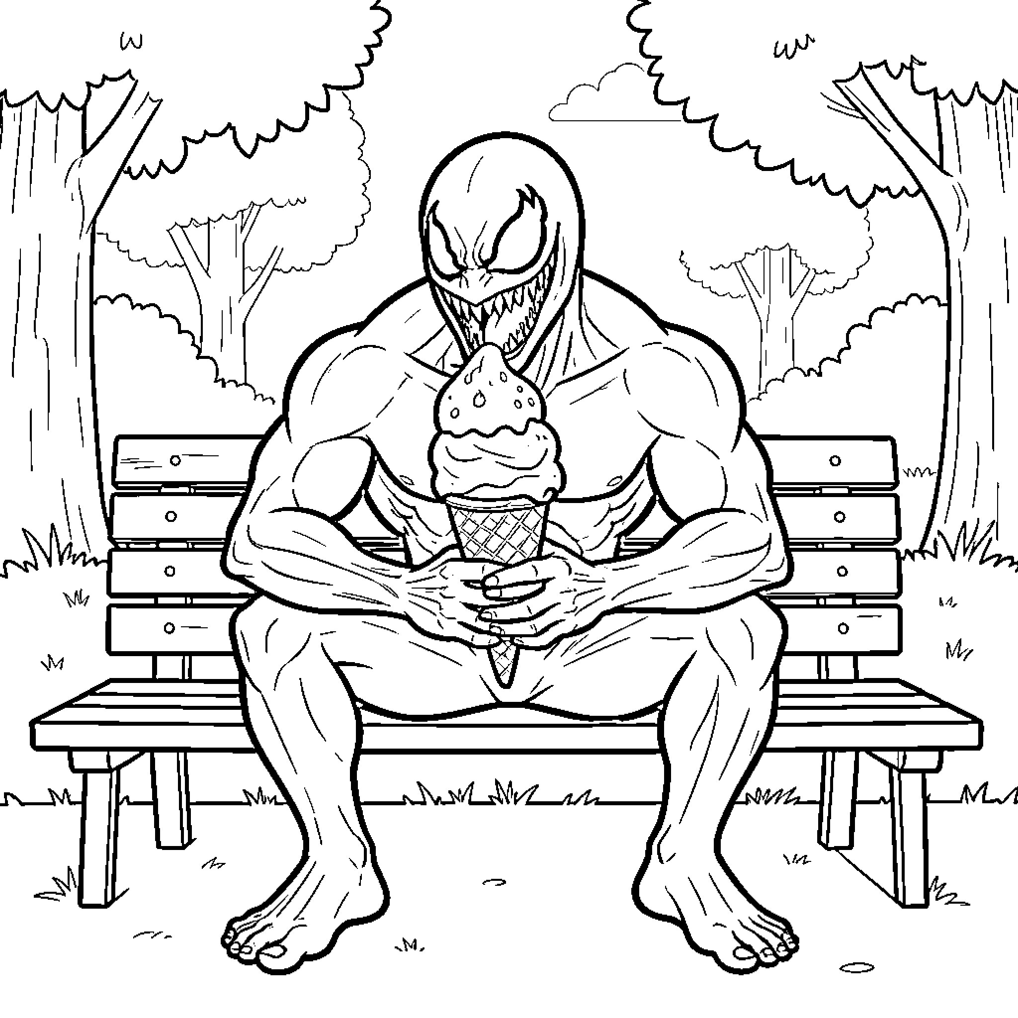 Venom sitting on a bench eating ice cream Coloring Page (free black-and-white line drawing printable PDF for all, from beginners to advanced learners, including children, teens, adults, and seniors)