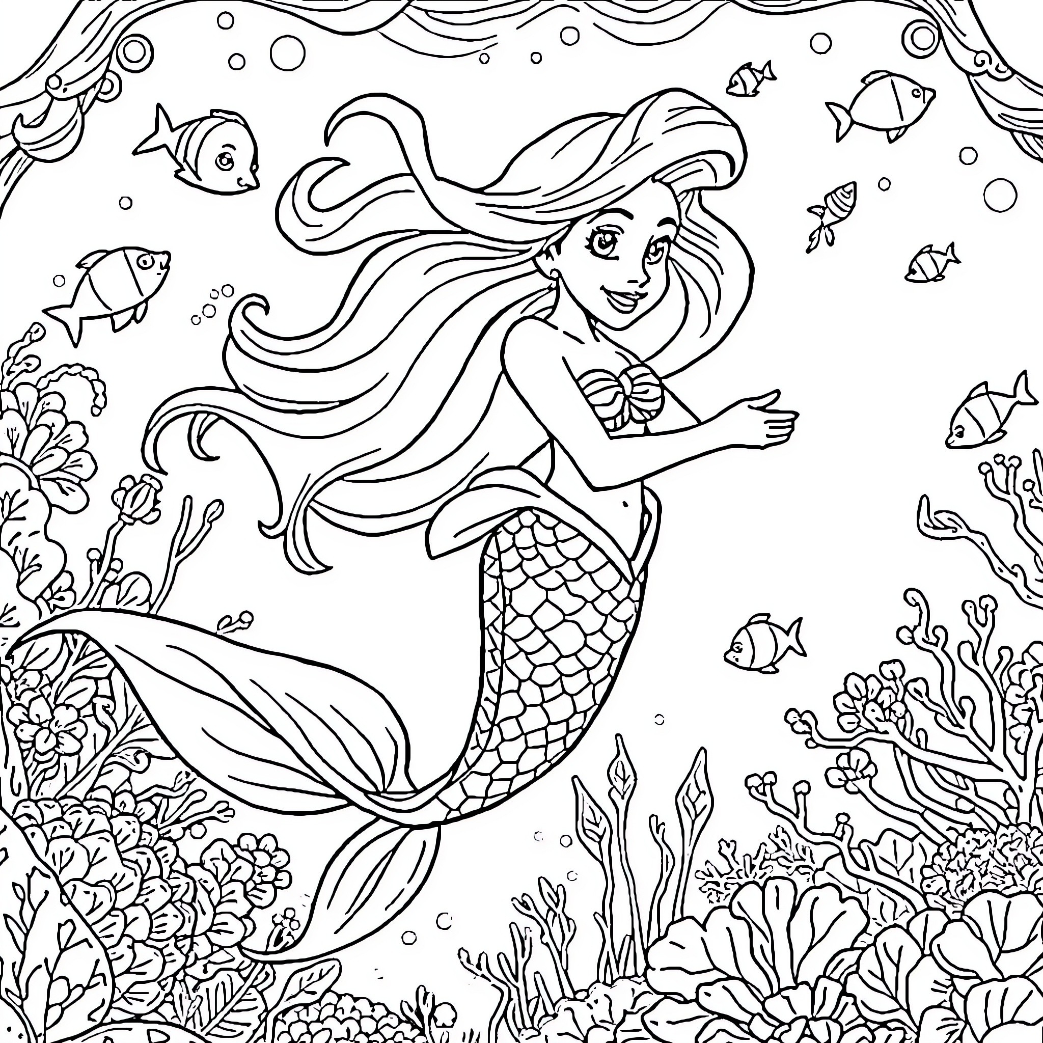 Mermaid swimming gracefully in the underwater world Coloring Page (free black-and-white line drawing printable PDF for all, from beginners to advanced learners, including children, teens, adults, and seniors)