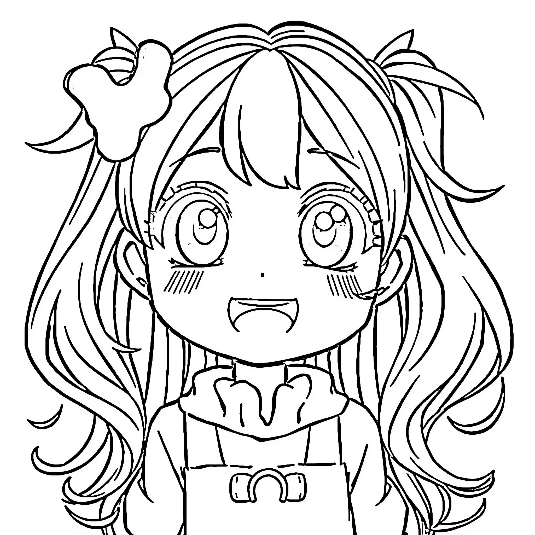 Anime Girl with Expressive Face and Unique Hairstyle Coloring Page (free black-and-white line drawing printable PDF for all, from beginners to advanced learners, including children, teens, adults, and seniors)