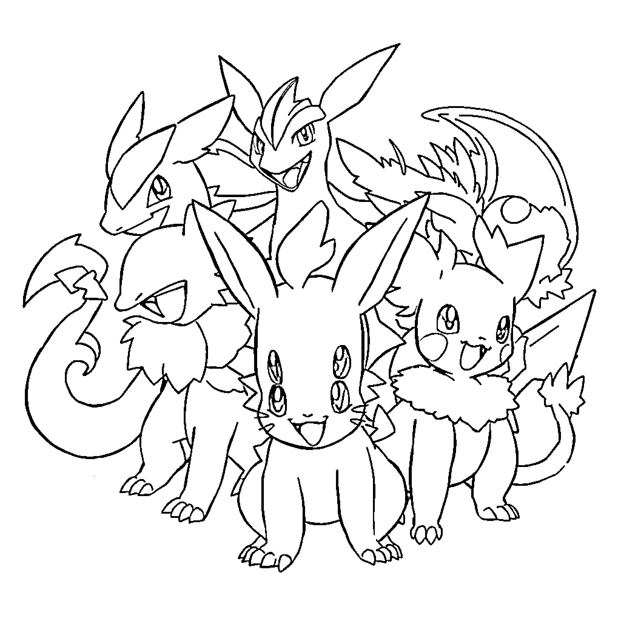 Pokémon characters gathered together Coloring Page (free black-and-white line drawing printable PDF for all, from beginners to advanced learners, including children, teens, adults, and seniors)
