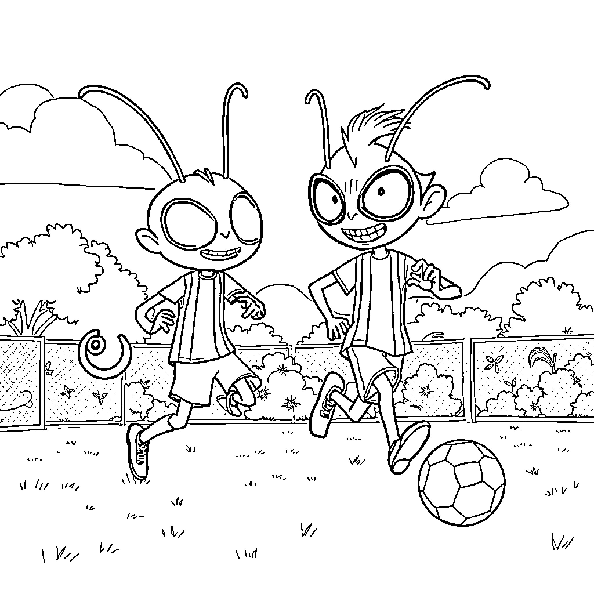 Tarantula friends playing soccer in the park Coloring Page (free black-and-white line drawing printable PDF for all, from beginners to advanced learners, including children, teens, adults, and seniors)