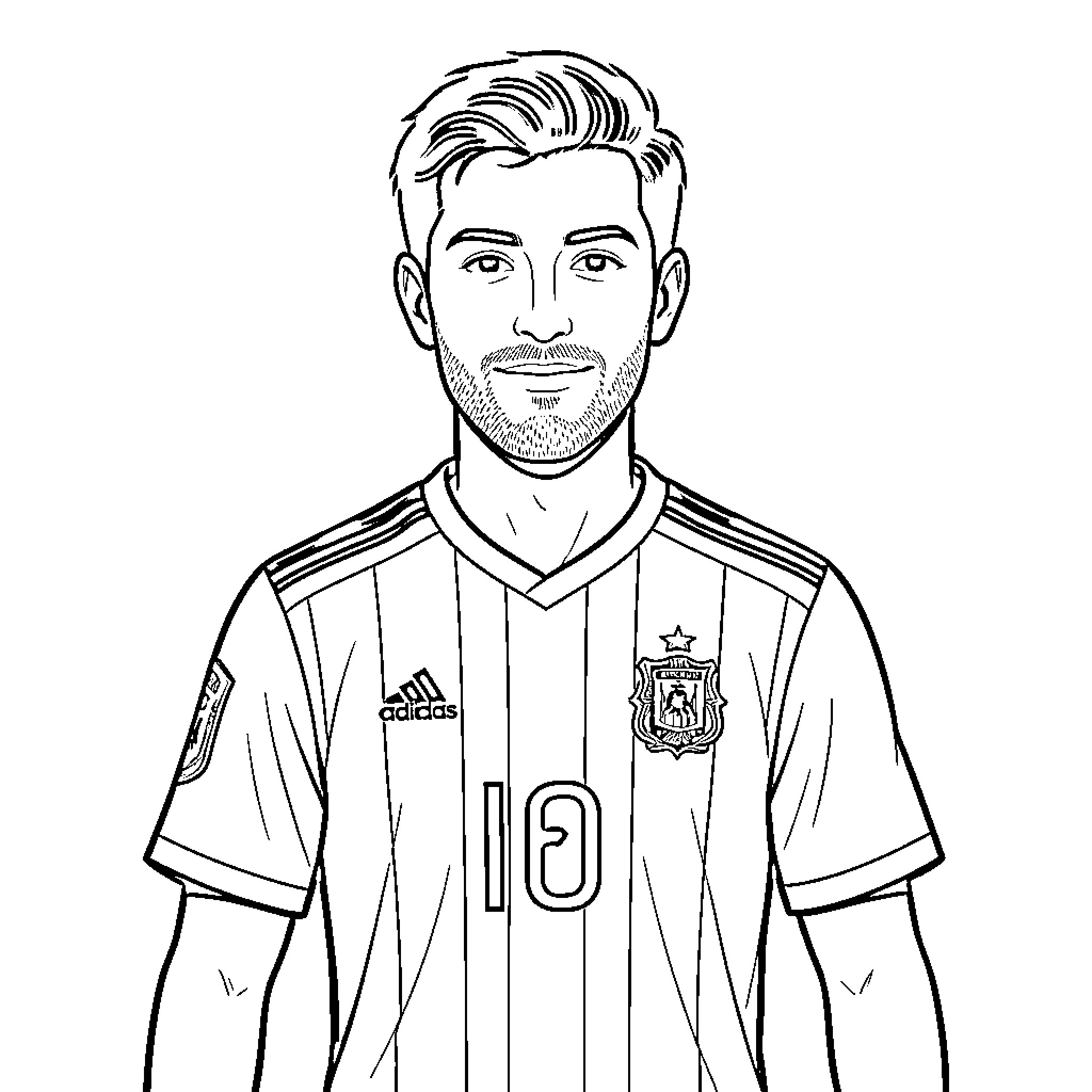 Leo wearing a soccer jersey and smiling gently Coloring Page (free black-and-white line drawing printable PDF for all, from beginners to advanced learners, including children, teens, adults, and seniors)