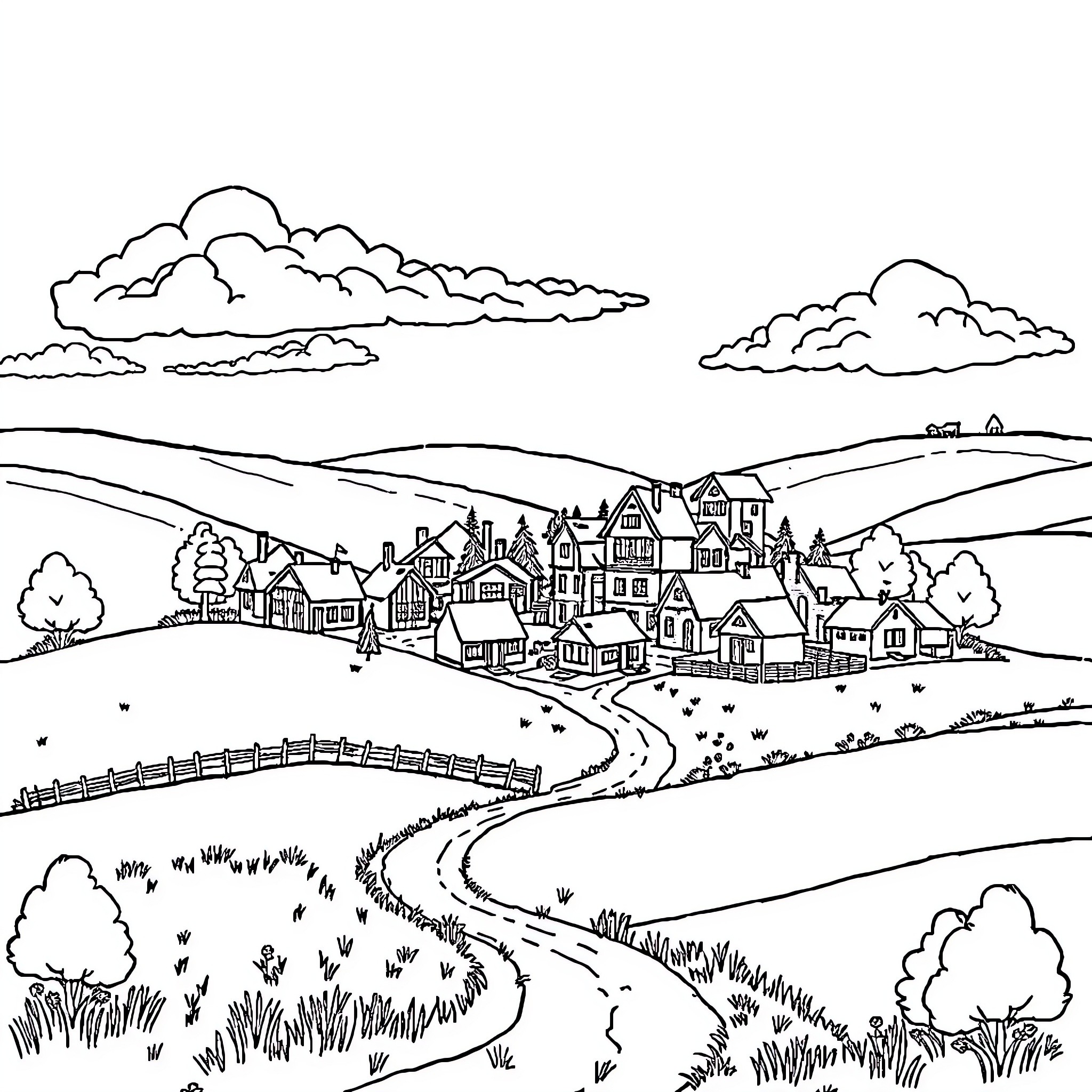 Village with Quaint Houses and Winding Paths Coloring Page (free black-and-white line drawing printable PDF for all, from beginners to advanced learners, including children, teens, adults, and seniors)