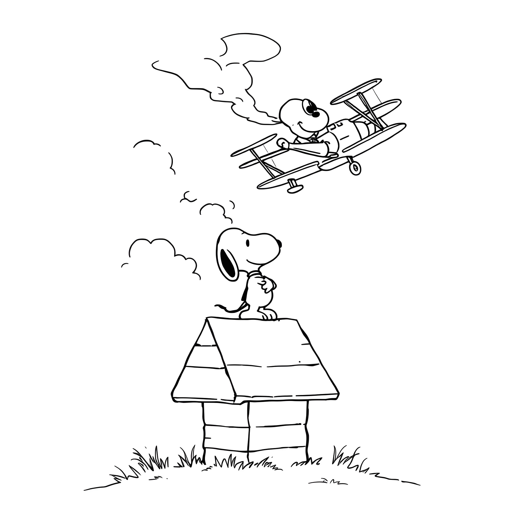 Snoopy's high-flying adventure Coloring Page (free black-and-white line drawing printable PDF for all, from beginners to advanced learners, including children, teens, adults, and seniors)