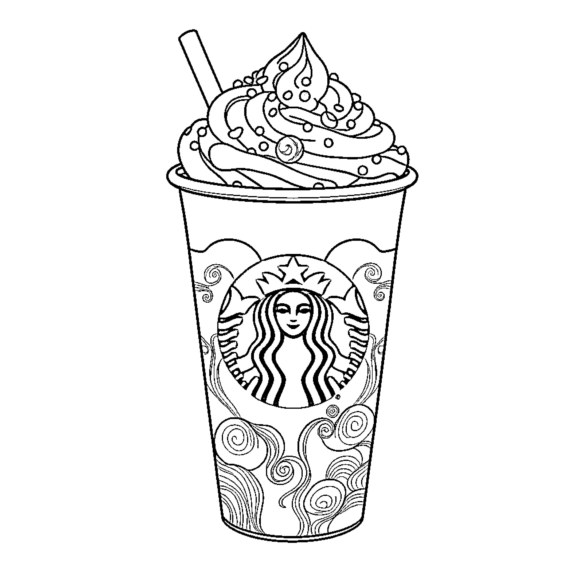 Coffee shop beverage with whipped cream and decorations Coloring Page (free black-and-white line drawing printable PDF for all, from beginners to advanced learners, including children, teens, adults, and seniors)