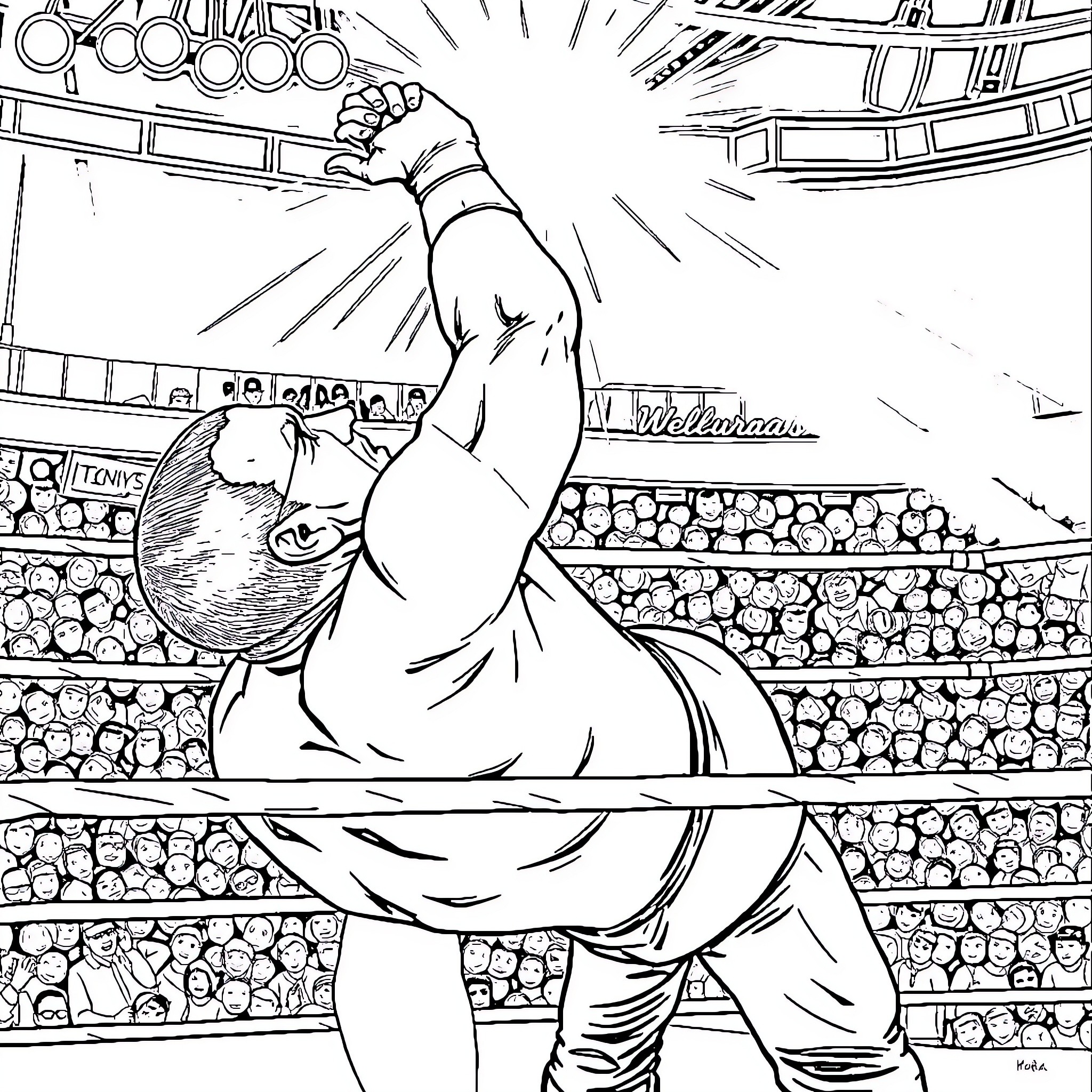 John Cena triumphant in the wrestling arena Coloring Page (free black-and-white line drawing printable PDF for all, from beginners to advanced learners, including children, teens, adults, and seniors)