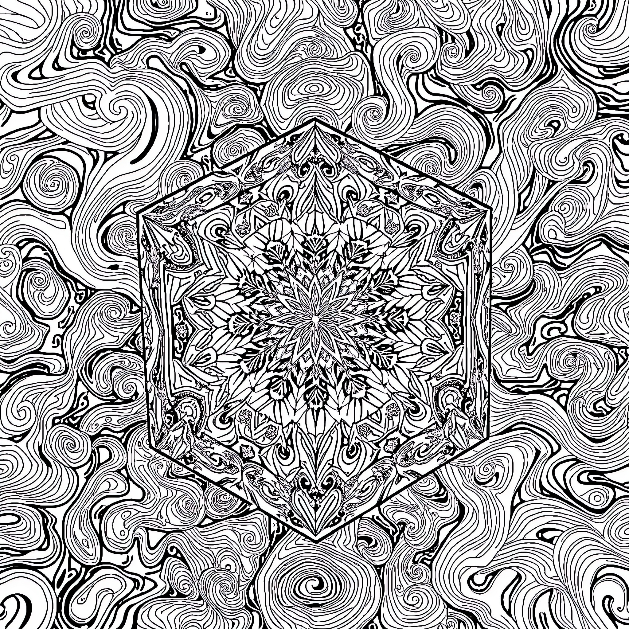 Art of Intricate Geometric Patterns and Swirling Designs Coloring Page (free black-and-white line drawing printable PDF for all, from beginners to advanced learners, including children, teens, adults, and seniors)