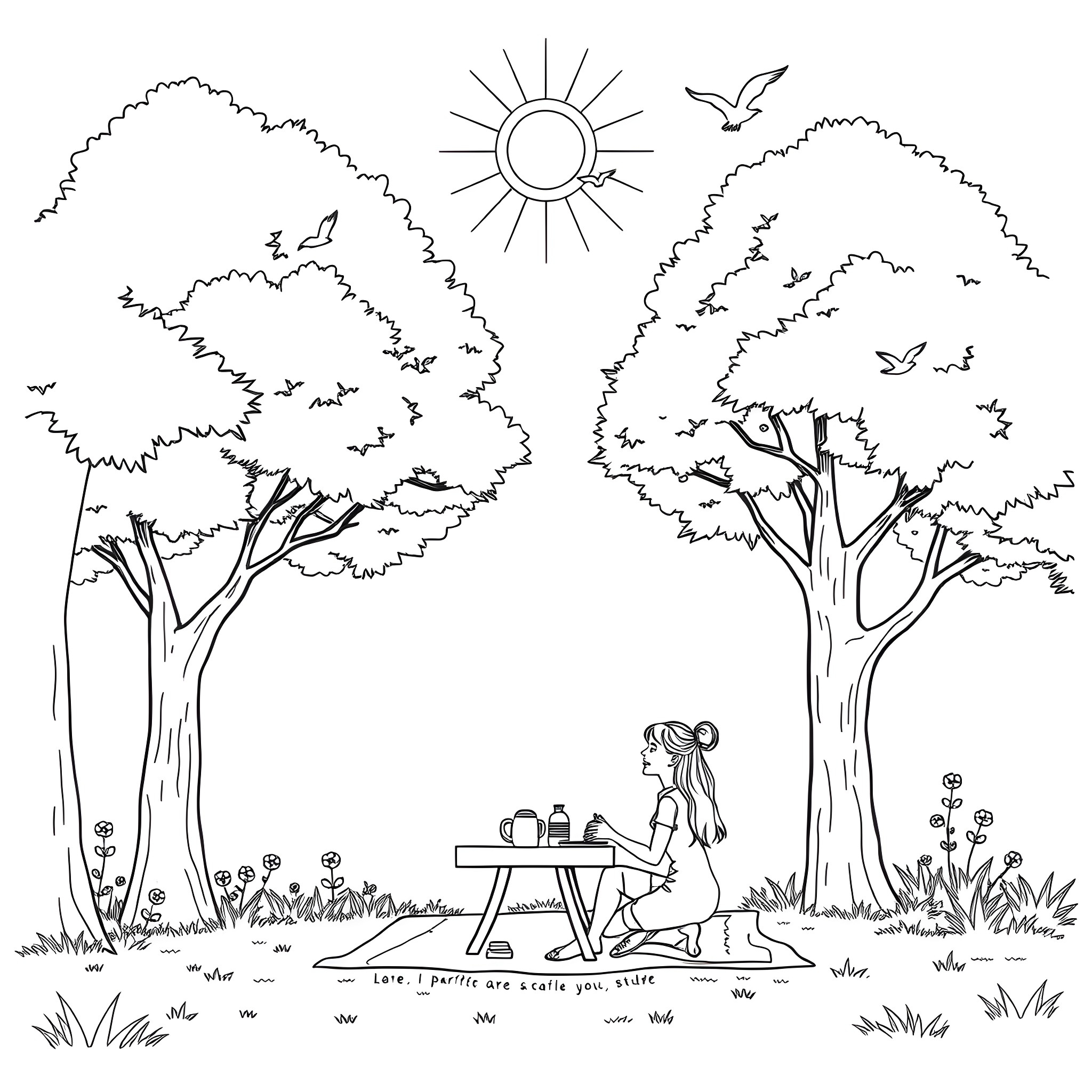 Mom enjoying a peaceful picnic in the park Coloring Page (free black-and-white line drawing printable PDF for all, from beginners to advanced learners, including children, teens, adults, and seniors)