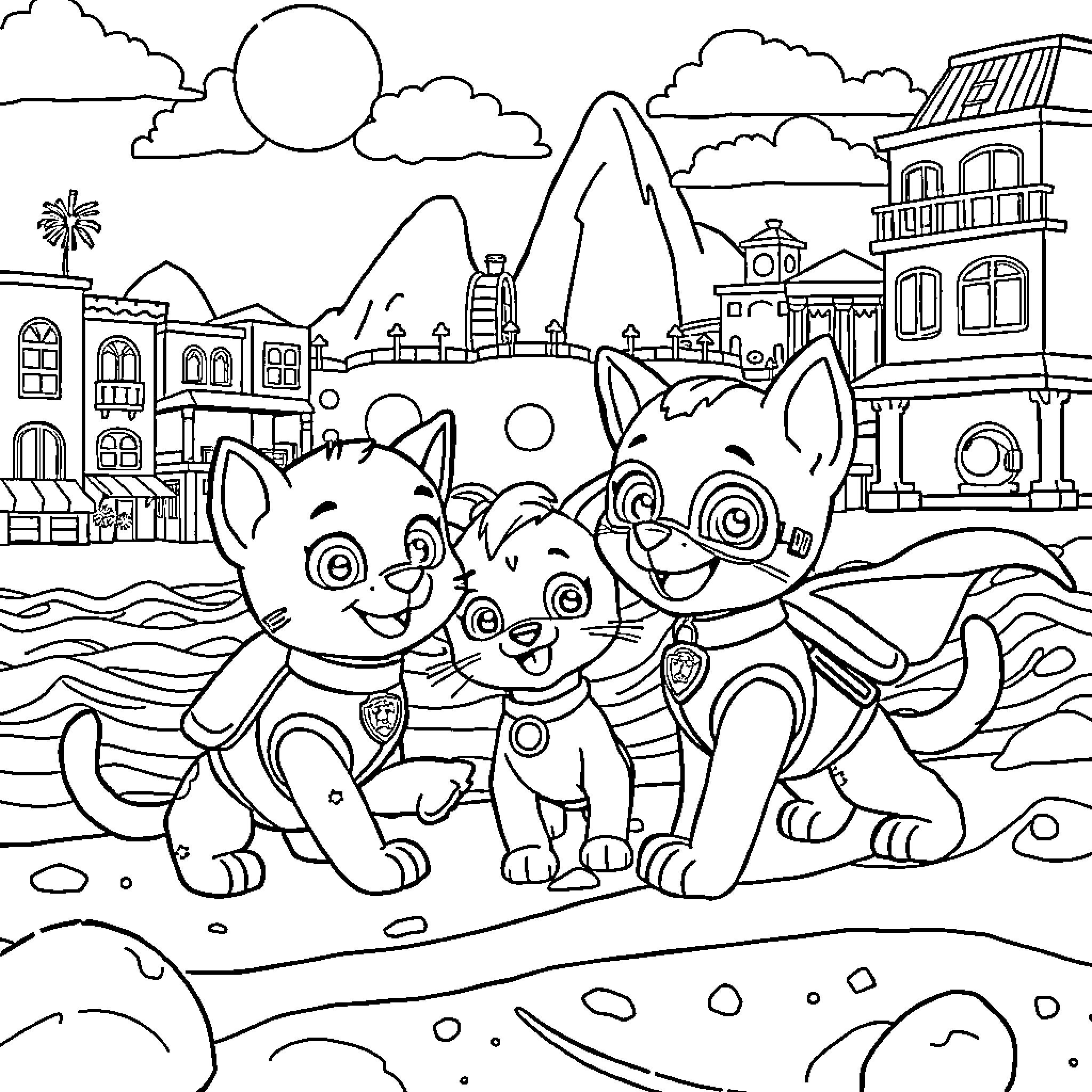 Paw Patrol Puppies Explore Scenic Beach Town Coloring Page (free black-and-white line drawing printable PDF for all, from beginners to advanced learners, including children, teens, adults, and seniors)