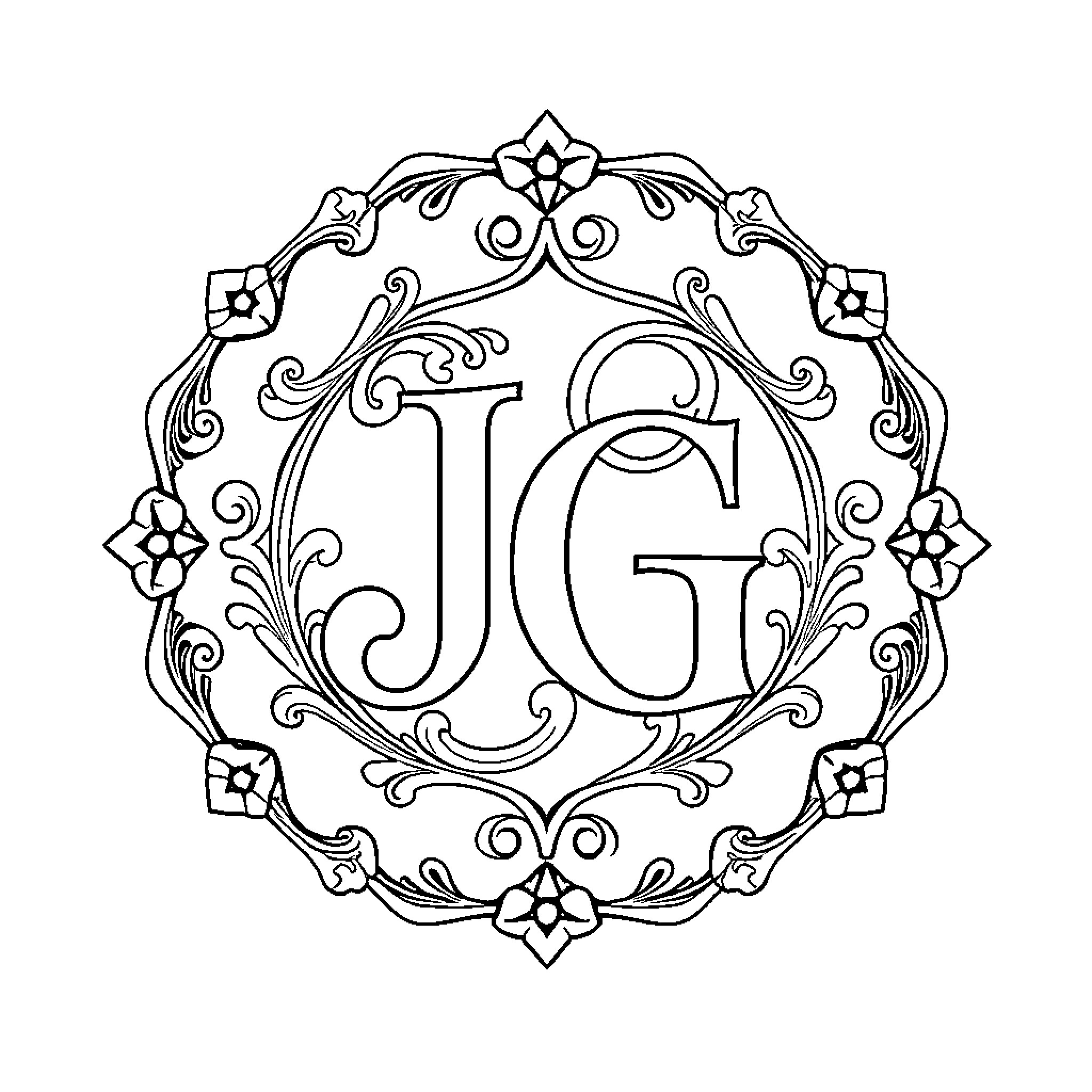 Monogram flourishing floral ornamental JG design Coloring Page (free black-and-white line drawing printable PDF for all, from beginners to advanced learners, including children, teens, adults, and seniors)