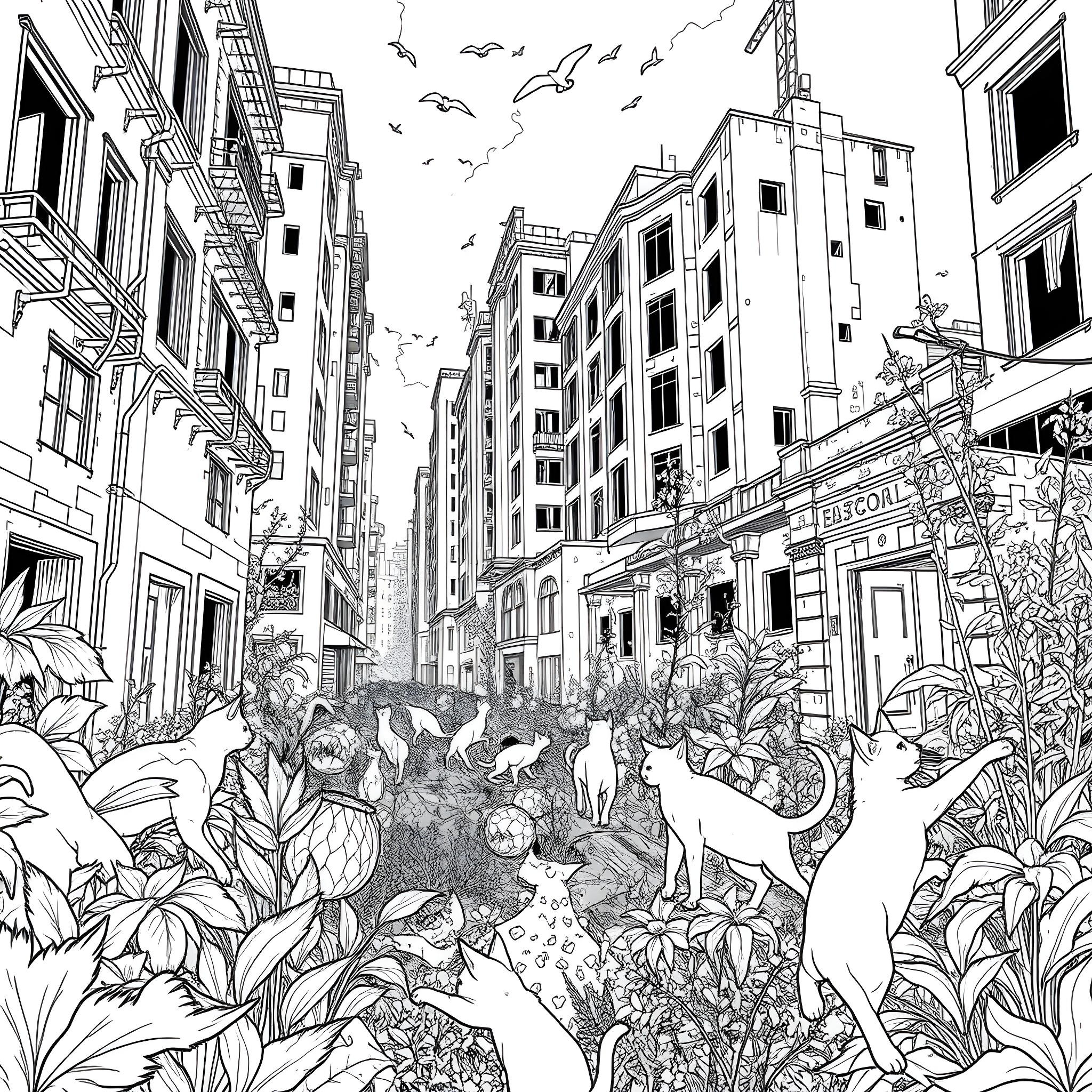 Cat in a Bustling City Street Coloring Page (free black-and-white line drawing printable PDF for all, from beginners to advanced learners, including children, teens, adults, and seniors)