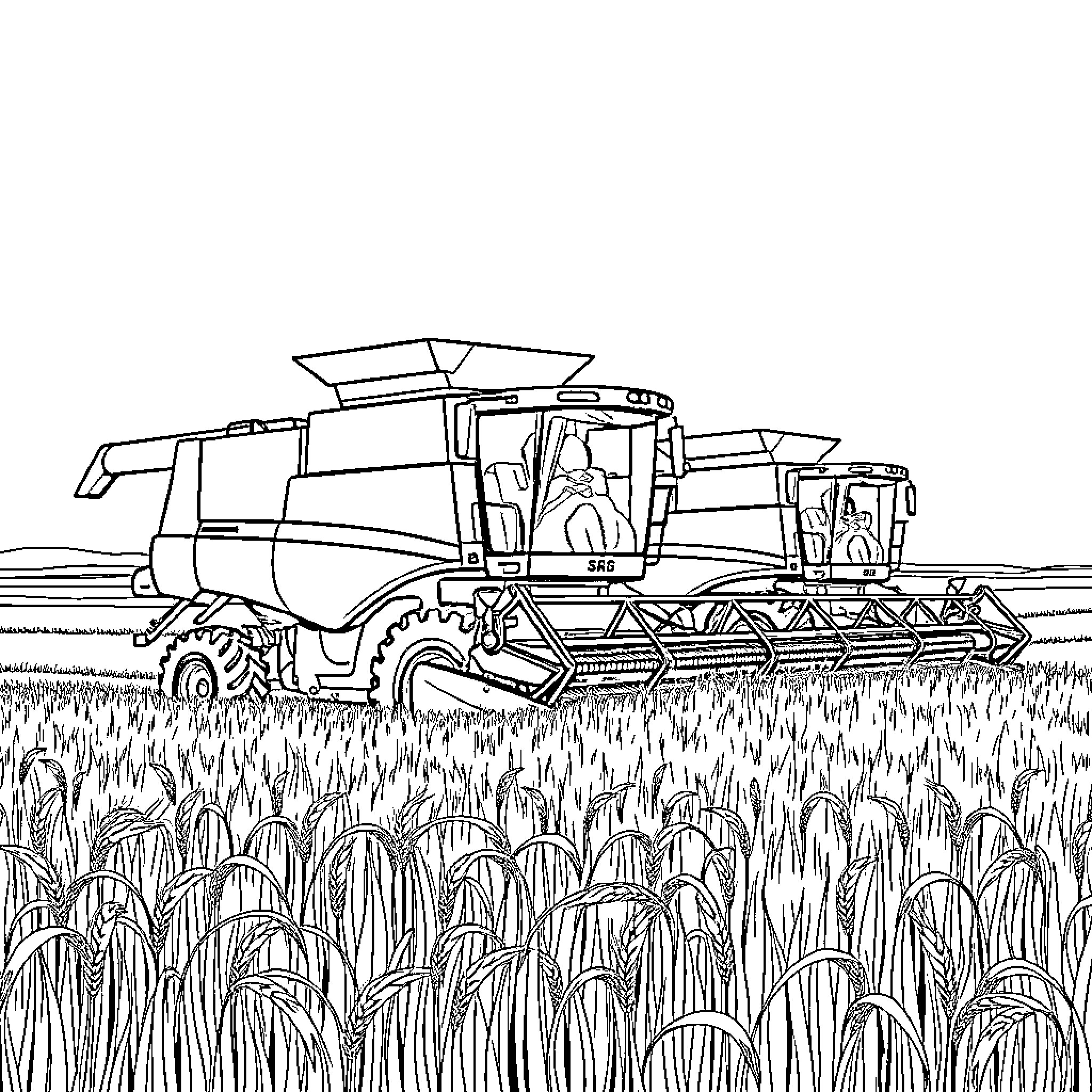Combine Harvesting Machinery in Crop Field Coloring Page (free black-and-white line drawing printable PDF for all, from beginners to advanced learners, including children, teens, adults, and seniors)