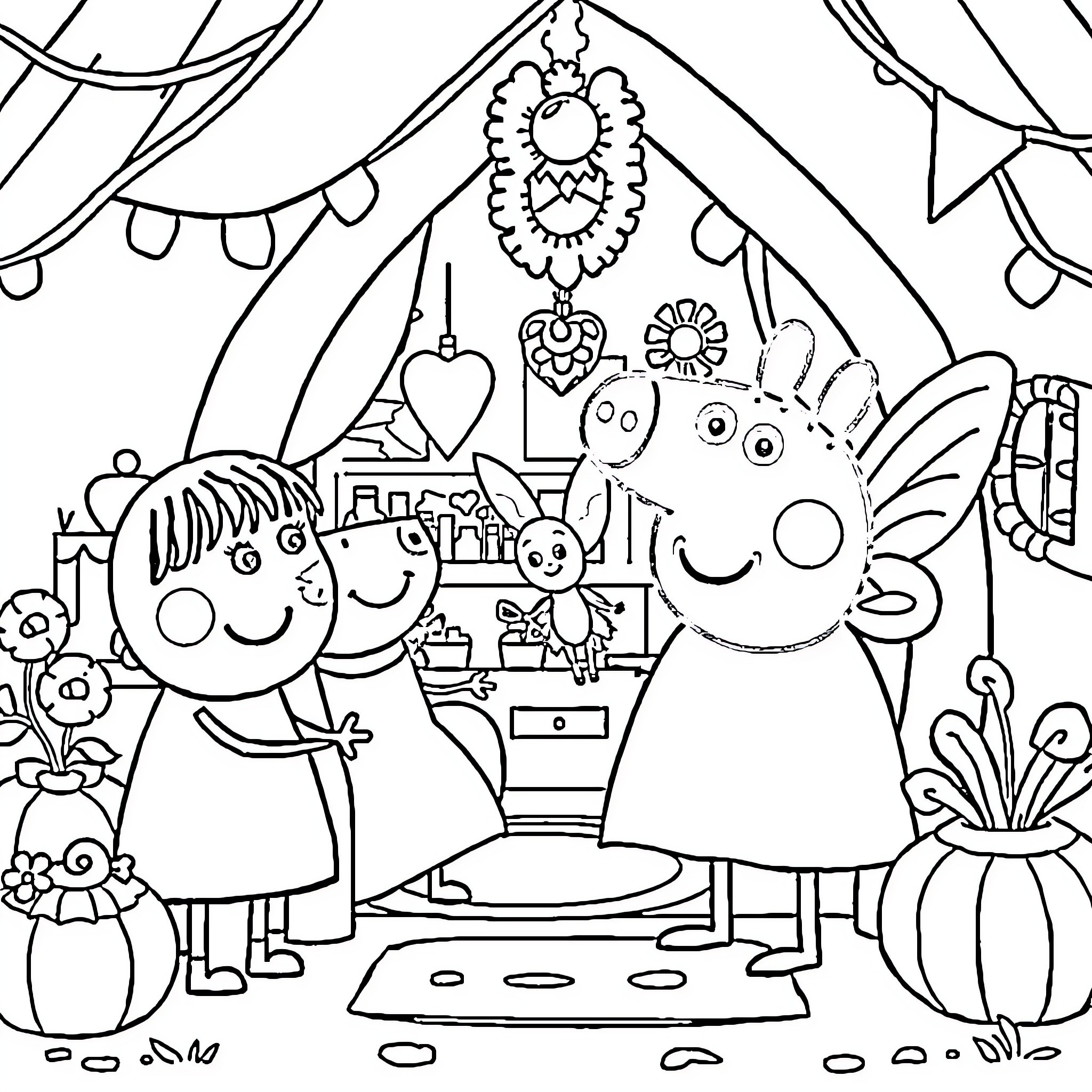 Peppa Pig and friends at a carnival celebration Coloring Page (free black-and-white line drawing printable PDF for all, from beginners to advanced learners, including children, teens, adults, and seniors)