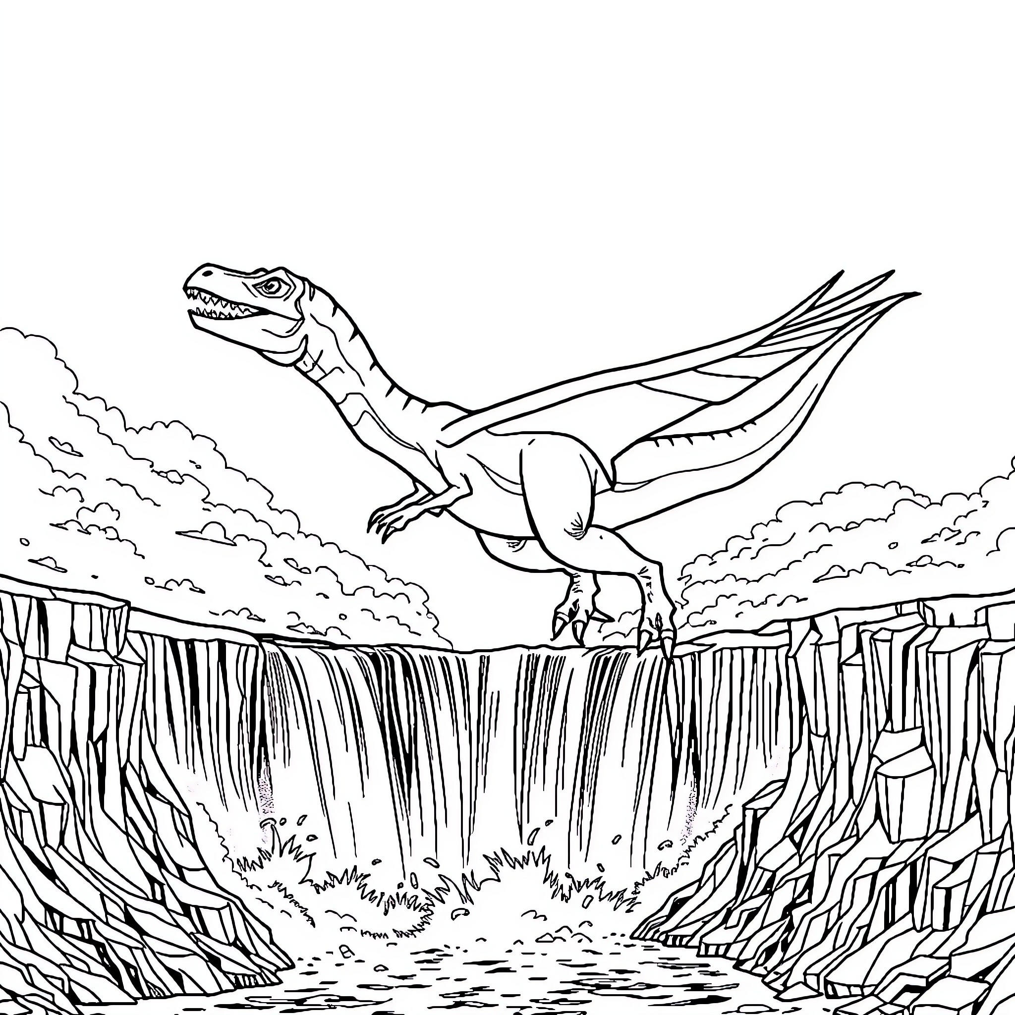 Dinosaur soaring over a majestic waterfall Coloring Page (free black-and-white line drawing printable PDF for all, from beginners to advanced learners, including children, teens, adults, and seniors)