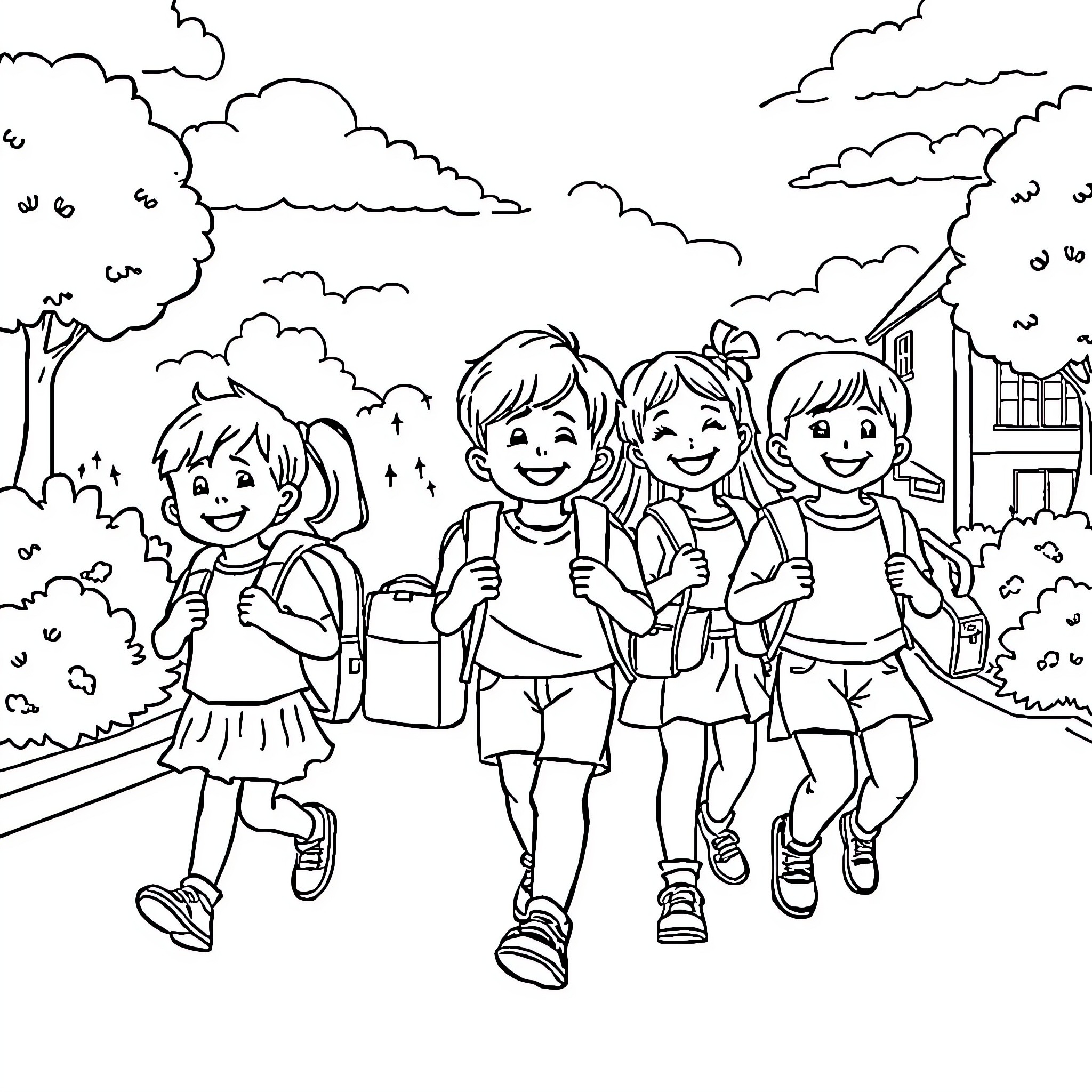 Child friends walking happily to school Coloring Page (free black-and-white line drawing printable PDF for all, from beginners to advanced learners, including children, teens, adults, and seniors)