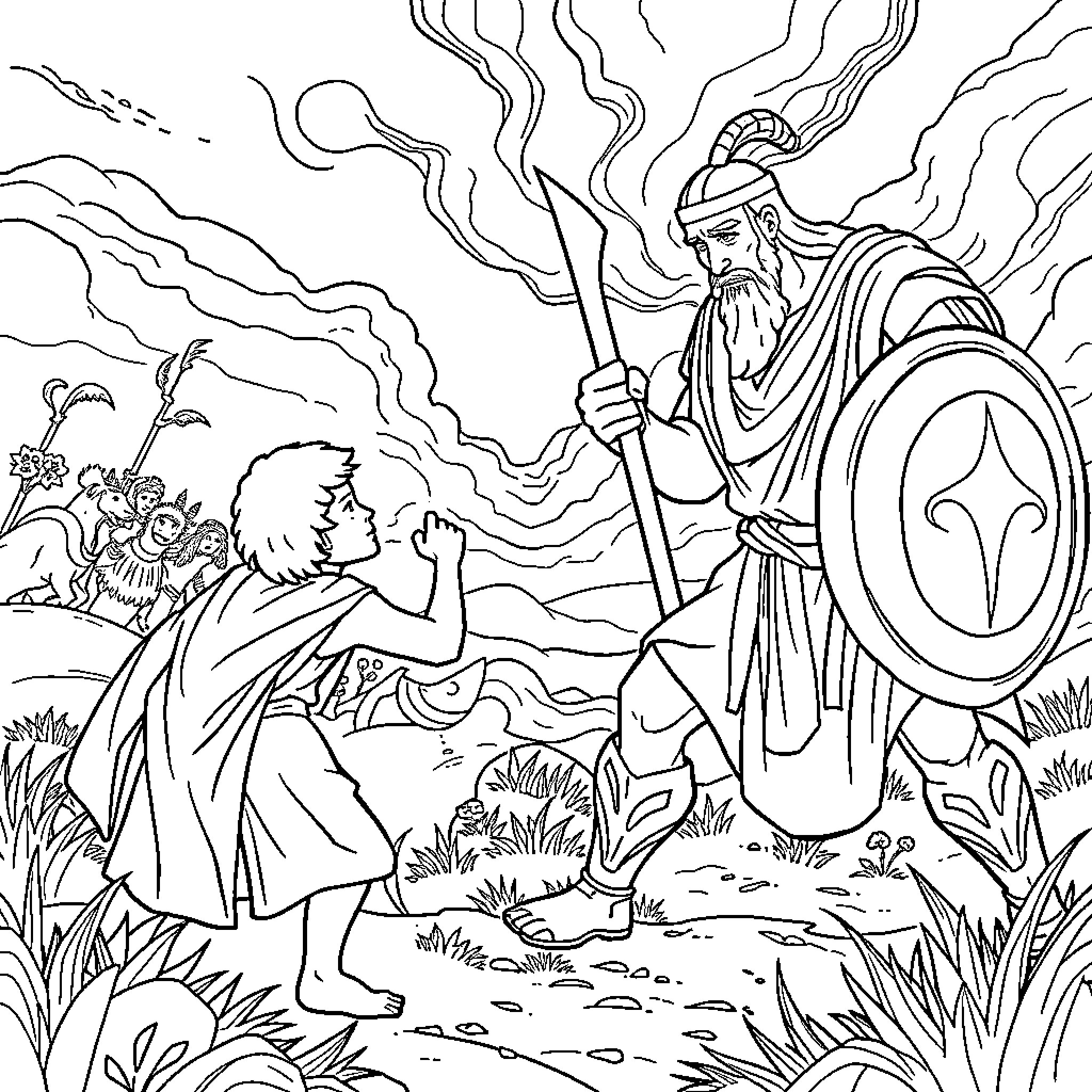 David confronting the mighty warrior in the wilderness Coloring Page (free black-and-white line drawing printable PDF for all, from beginners to advanced learners, including children, teens, adults, and seniors)