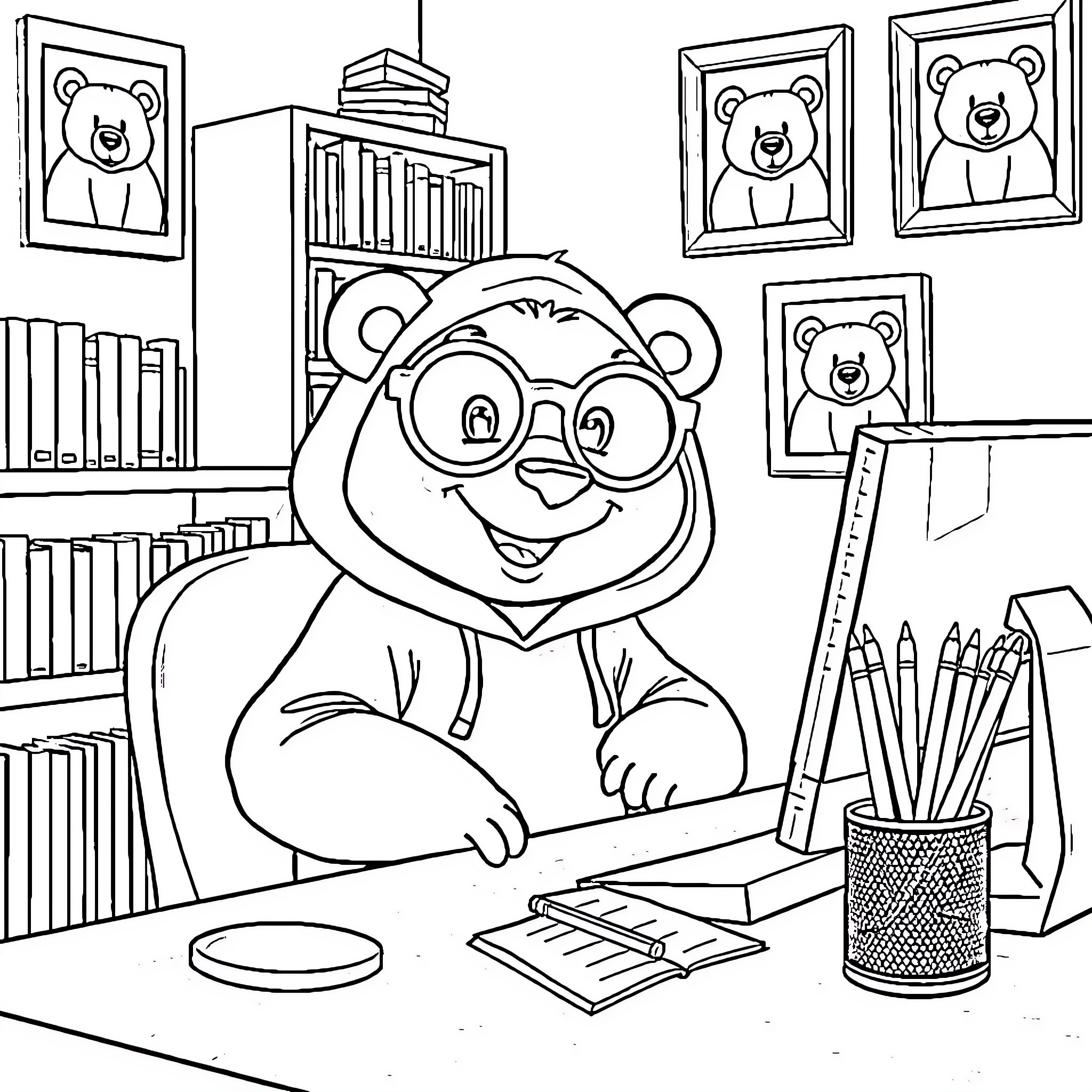 Bear studying happily in the library Coloring Page (free black-and-white line drawing printable PDF for all, from beginners to advanced learners, including children, teens, adults, and seniors)