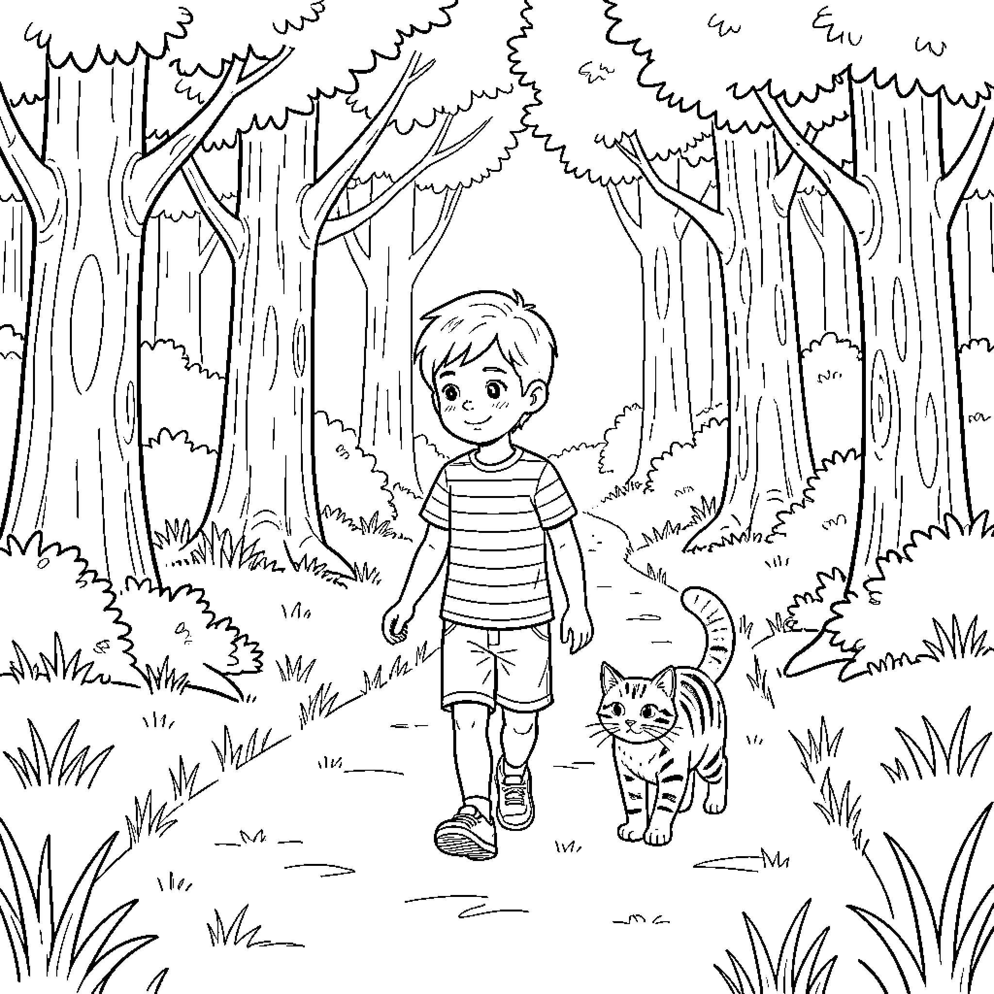Boy walking along a forest path with a cat Coloring Page (free black-and-white line drawing printable PDF for all, from beginners to advanced learners, including children, teens, adults, and seniors)