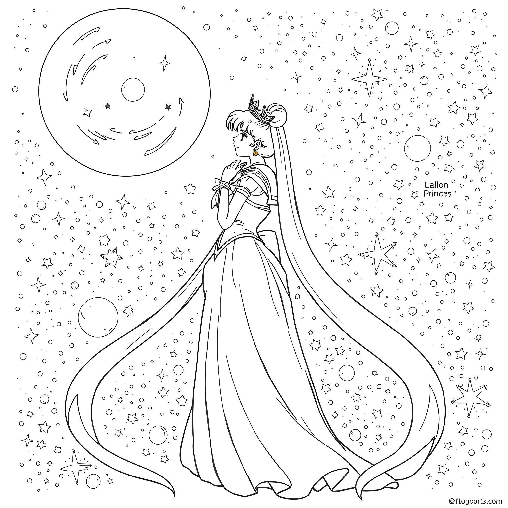 Sailor Moon exploring the starry night sky Coloring Page (free black-and-white line drawing printable PDF for all, from beginners to advanced learners, including children, teens, adults, and seniors)