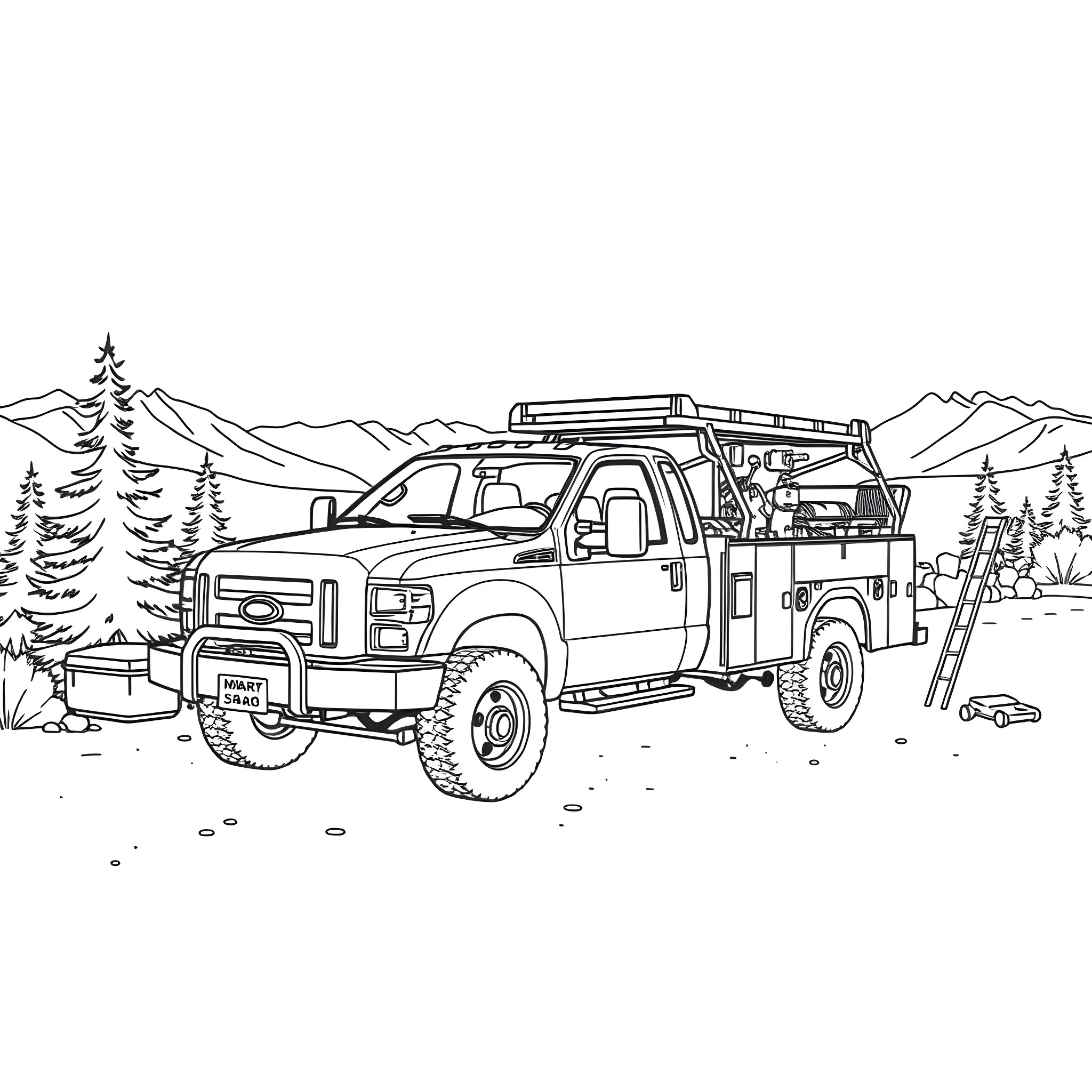 Truck with outdoor camping gear in the mountains Coloring Page (free black-and-white line drawing printable PDF for all, from beginners to advanced learners, including children, teens, adults, and seniors)