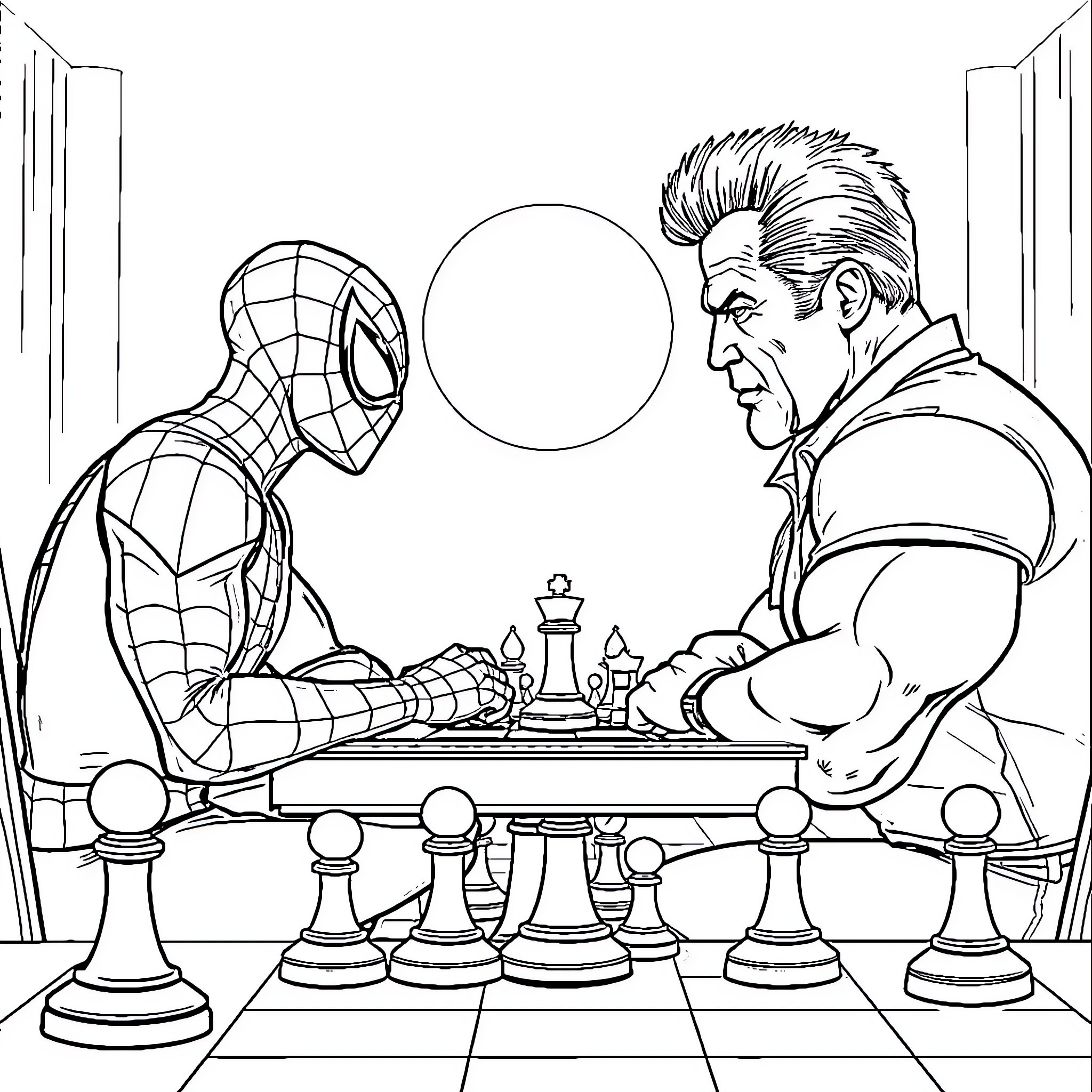 Spiderman and Villain Playing Chess in a Dark Room Coloring Page (free black-and-white line drawing printable PDF for all, from beginners to advanced learners, including children, teens, adults, and seniors)