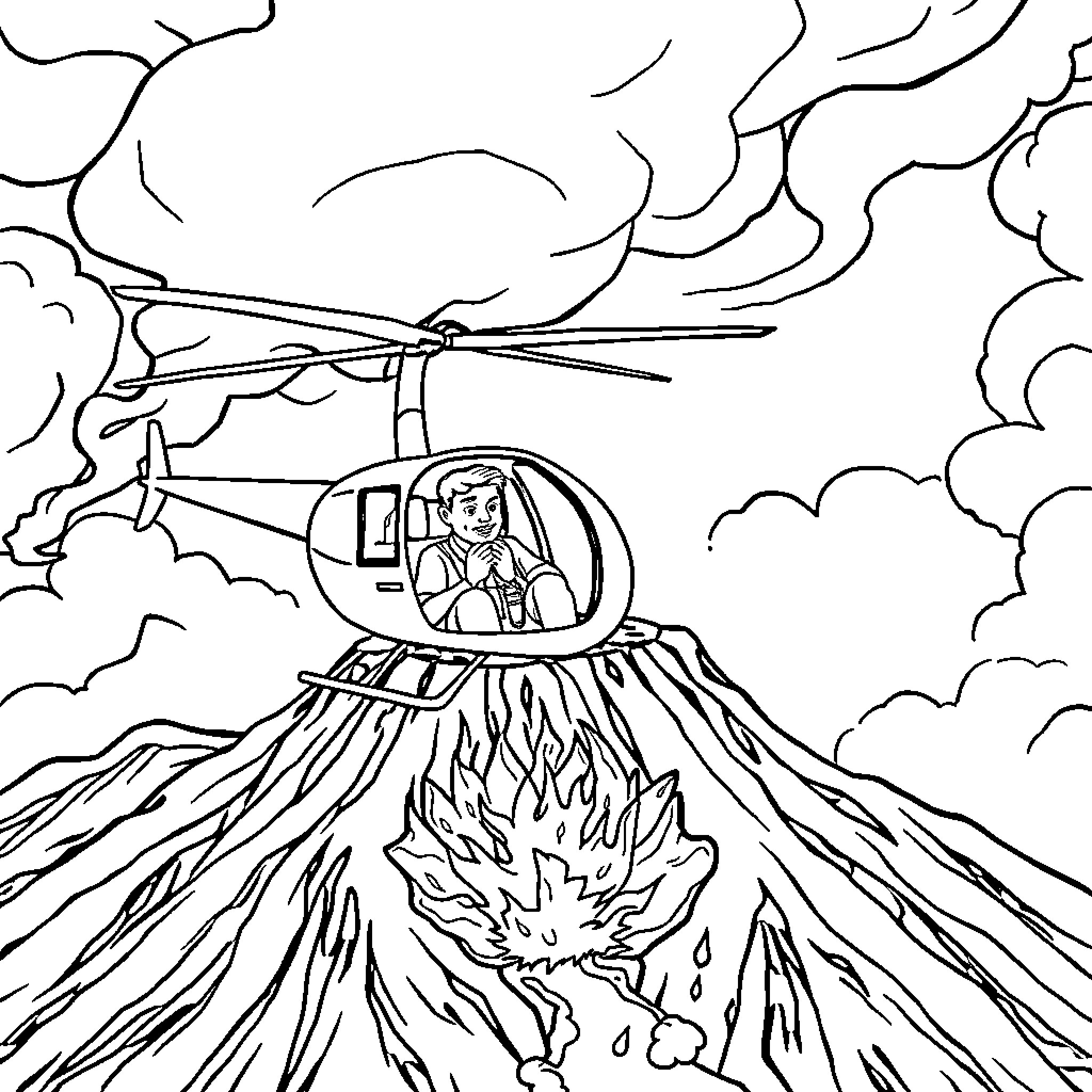 Helicopter flying over fiery volcanic eruption Coloring Page (free black-and-white line drawing printable PDF for all, from beginners to advanced learners, including children, teens, adults, and seniors)