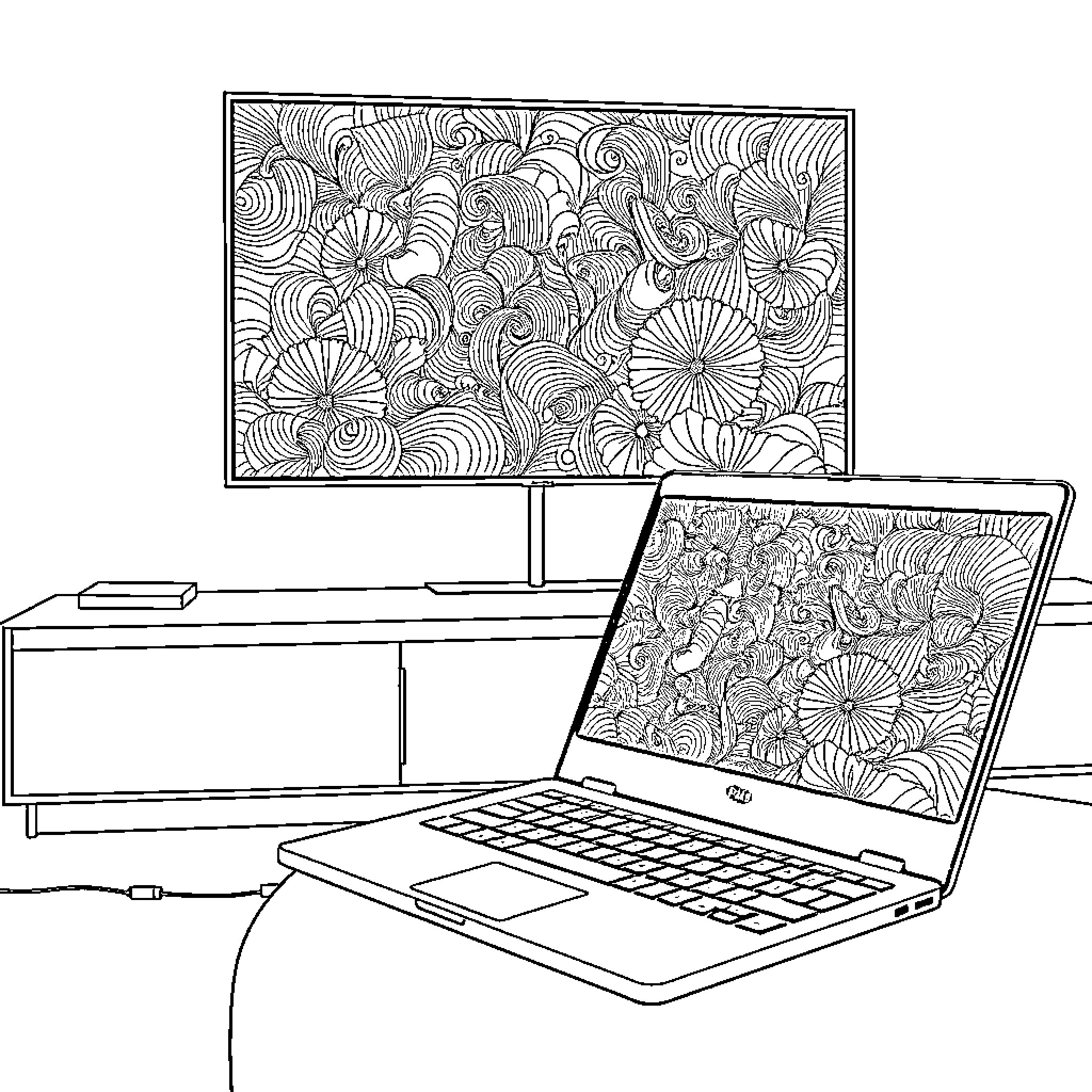 HP Chromebook with intricate floral pattern on display Coloring Page (free black-and-white line drawing printable PDF for all, from beginners to advanced learners, including children, teens, adults, and seniors)