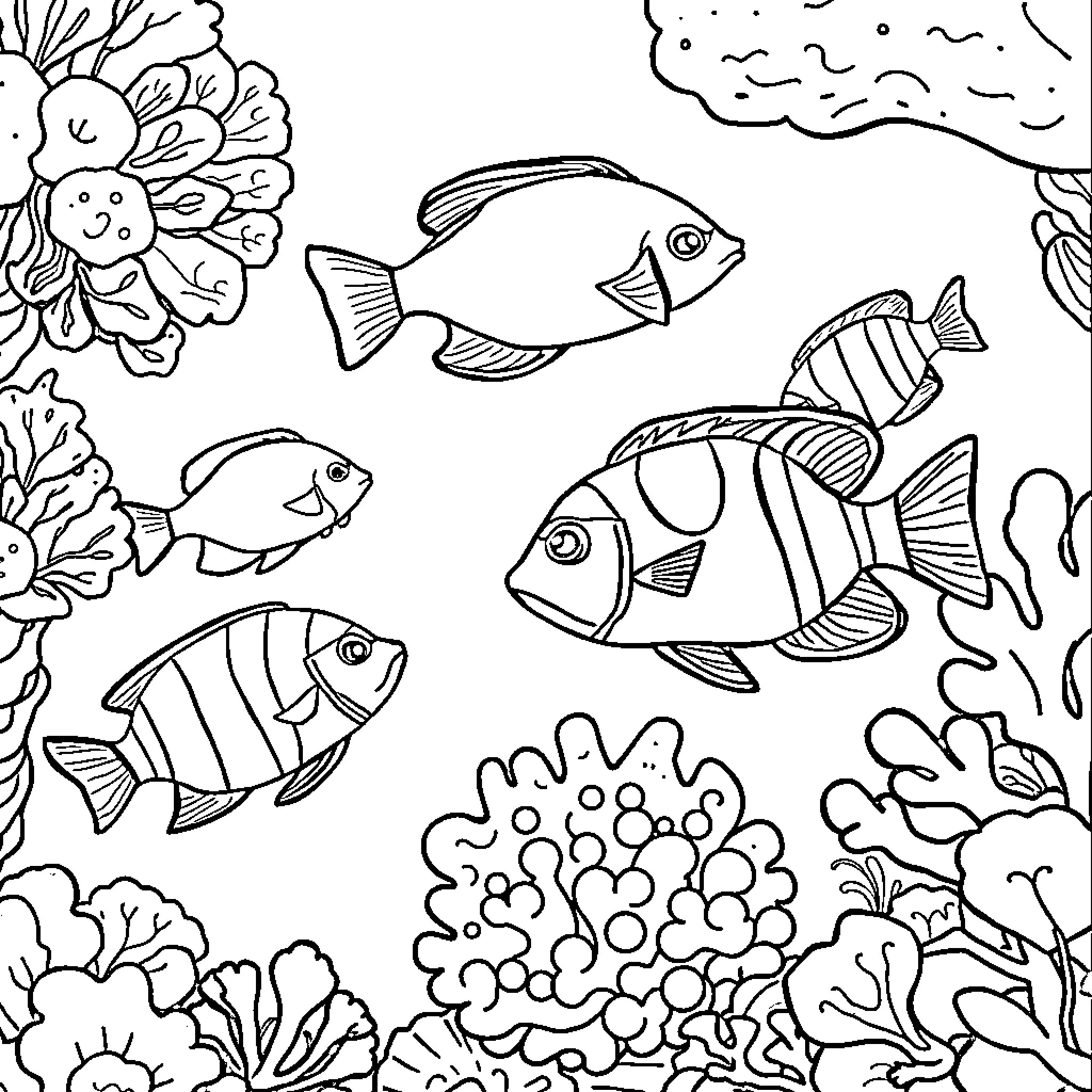 Fish swimming among coral reefs Coloring Page (free black-and-white line drawing printable PDF for all, from beginners to advanced learners, including children, teens, adults, and seniors)