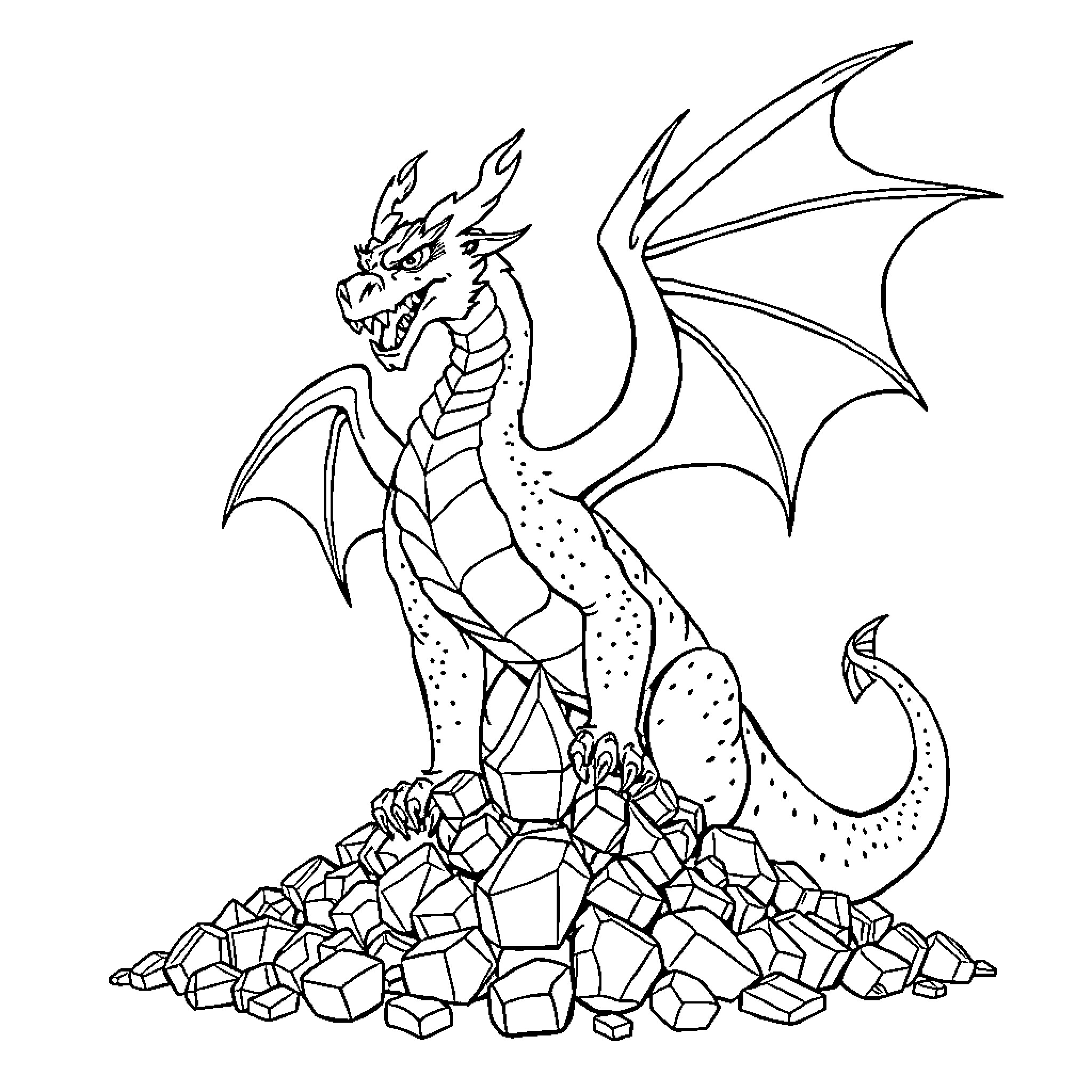 Dragon guarding a treasure hoard Coloring Page (free black-and-white line drawing printable PDF for all, from beginners to advanced learners, including children, teens, adults, and seniors)
