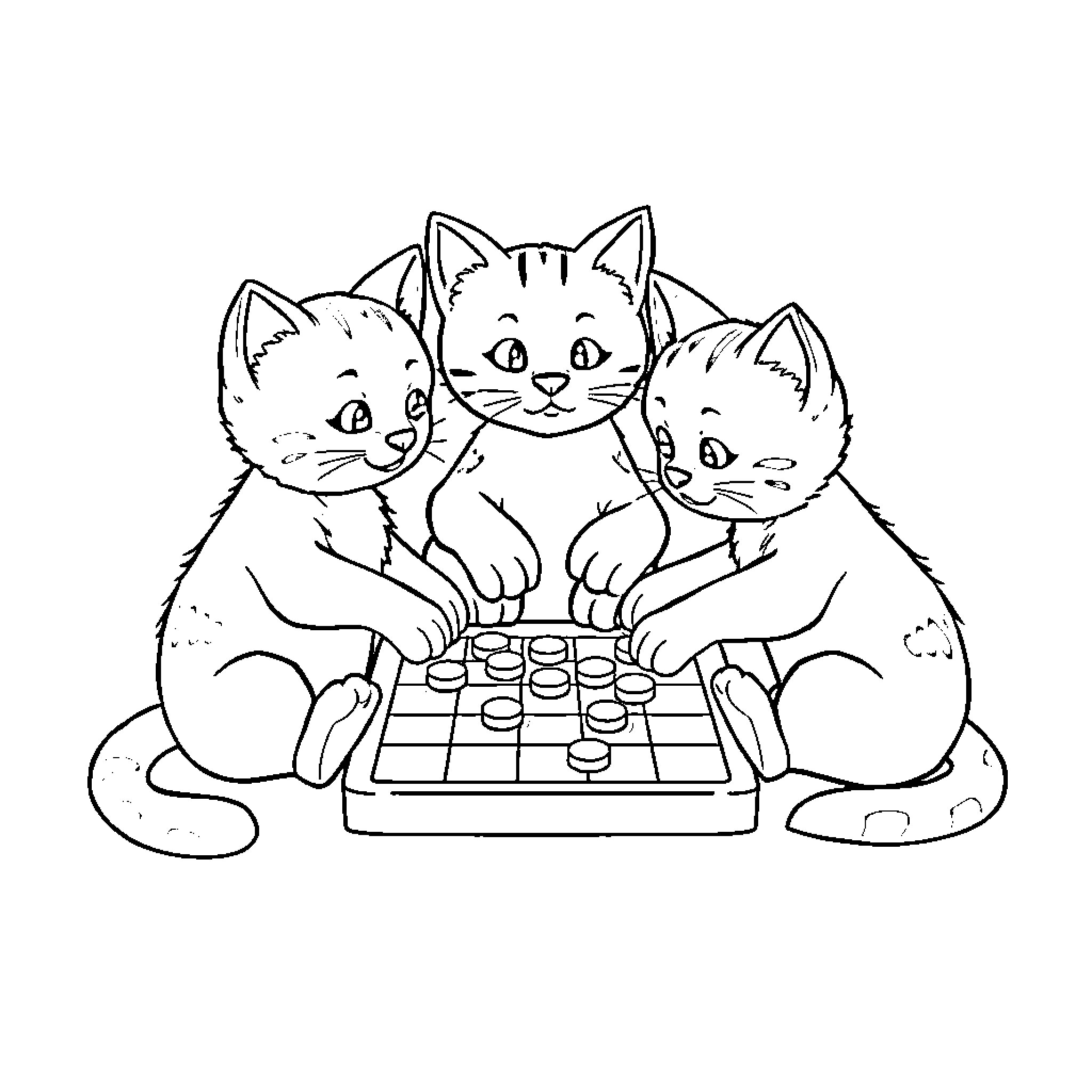 Cats Playing a Board Game Together Coloring Page (free black-and-white line drawing printable PDF for all, from beginners to advanced learners, including children, teens, adults, and seniors)