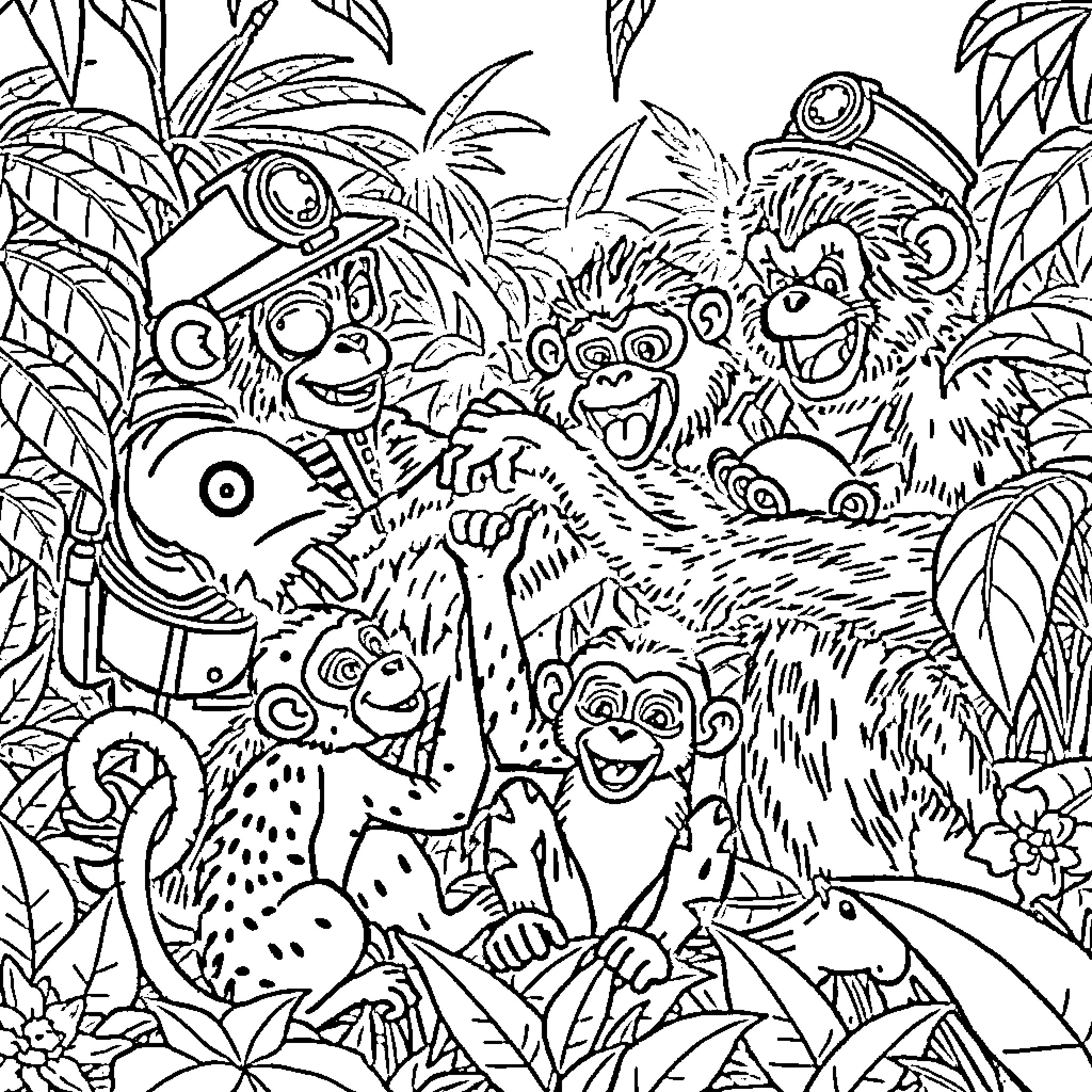 Among Us: Whimsical Jungle Creatures Coloring Page (free black-and-white line drawing printable PDF for all, from beginners to advanced learners, including children, teens, adults, and seniors)