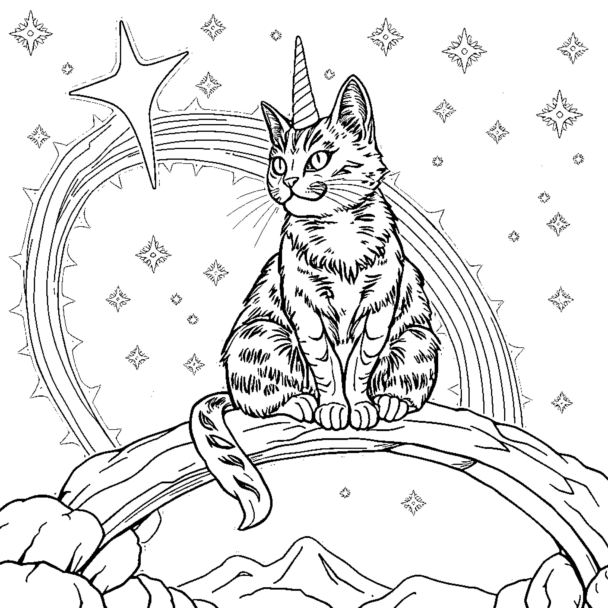 Unicorn Cat gazing at cosmic scene with stars Coloring Page (free black-and-white line drawing printable PDF for all, from beginners to advanced learners, including children, teens, adults, and seniors)