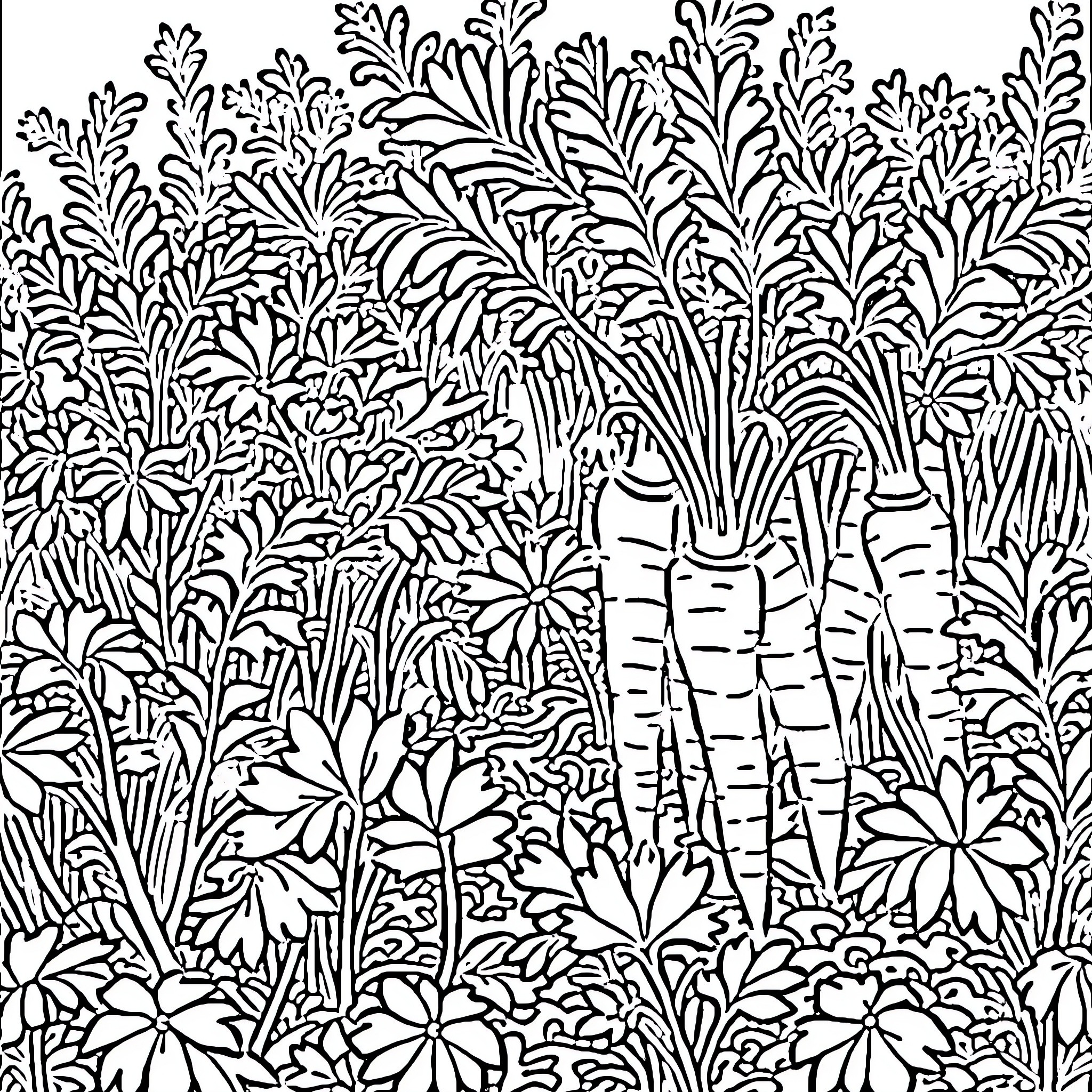 Carrot Garden of Blooming Foliage Coloring Page (free black-and-white line drawing printable PDF for all, from beginners to advanced learners, including children, teens, adults, and seniors)