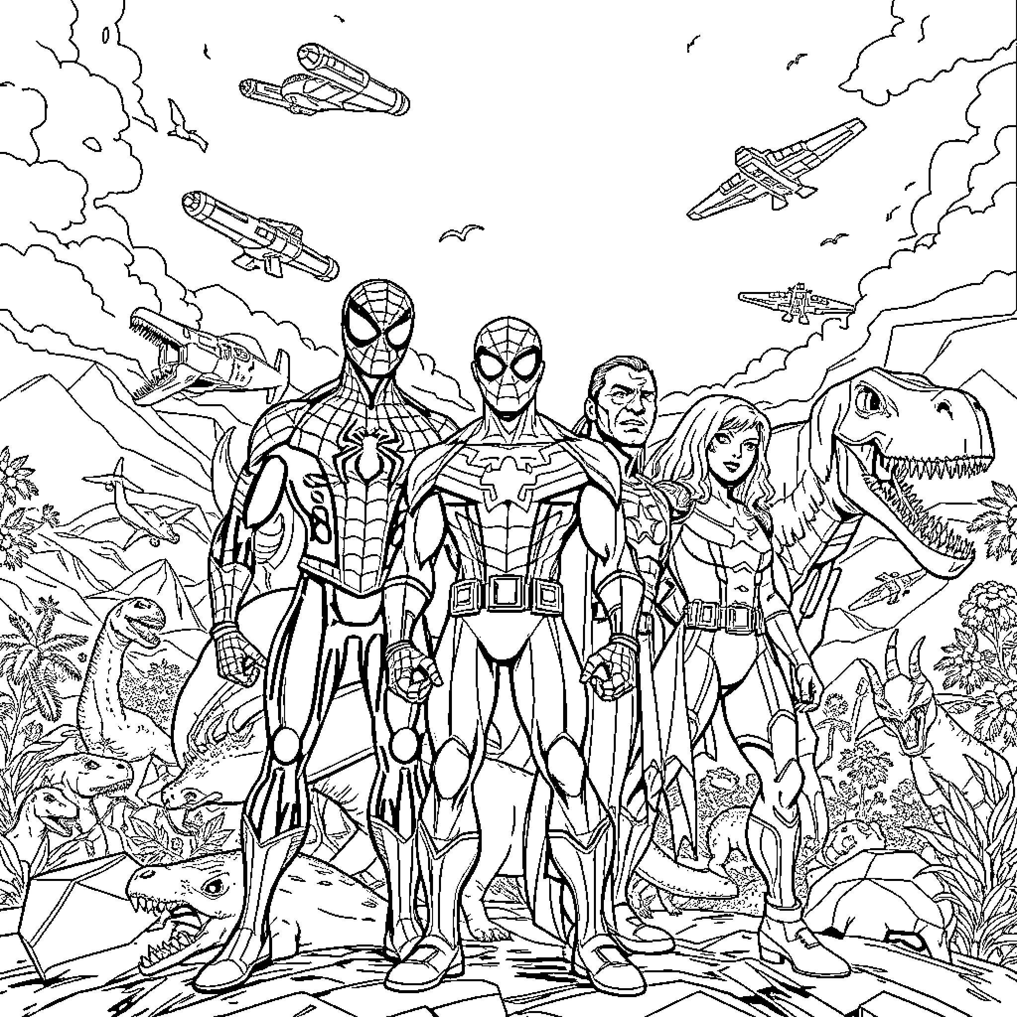 Spider-Man and Superhero Team in Epic Confrontation Coloring Page (free black-and-white line drawing printable PDF for all, from beginners to advanced learners, including children, teens, adults, and seniors)