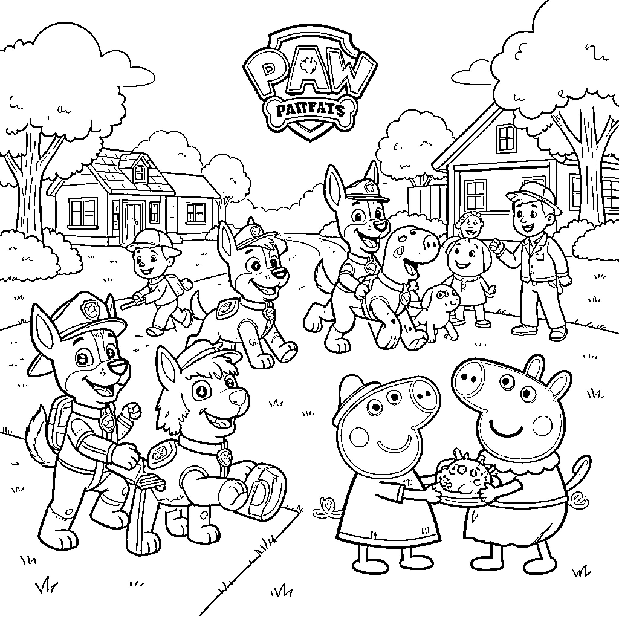 Paw Patrol characters playing and interacting with friends Coloring Page (free black-and-white line drawing printable PDF for all, from beginners to advanced learners, including children, teens, adults, and seniors)