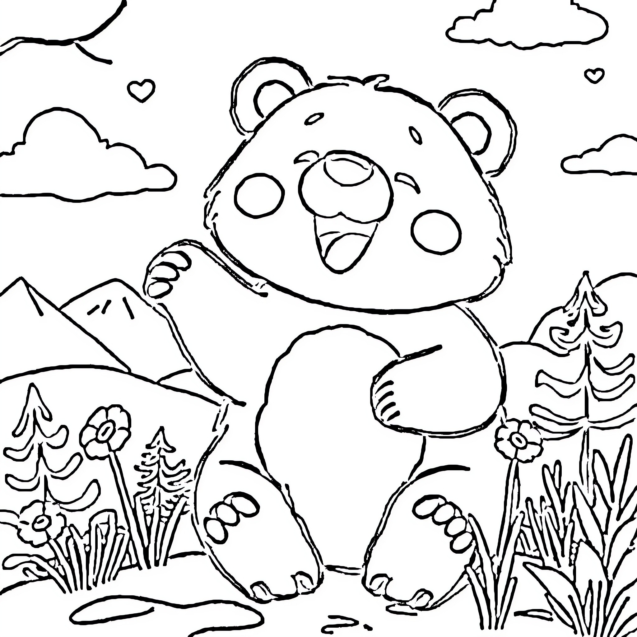 Bear enjoying the outdoors in a scenic landscape Coloring Page (free black-and-white line drawing printable PDF for all, from beginners to advanced learners, including children, teens, adults, and seniors)