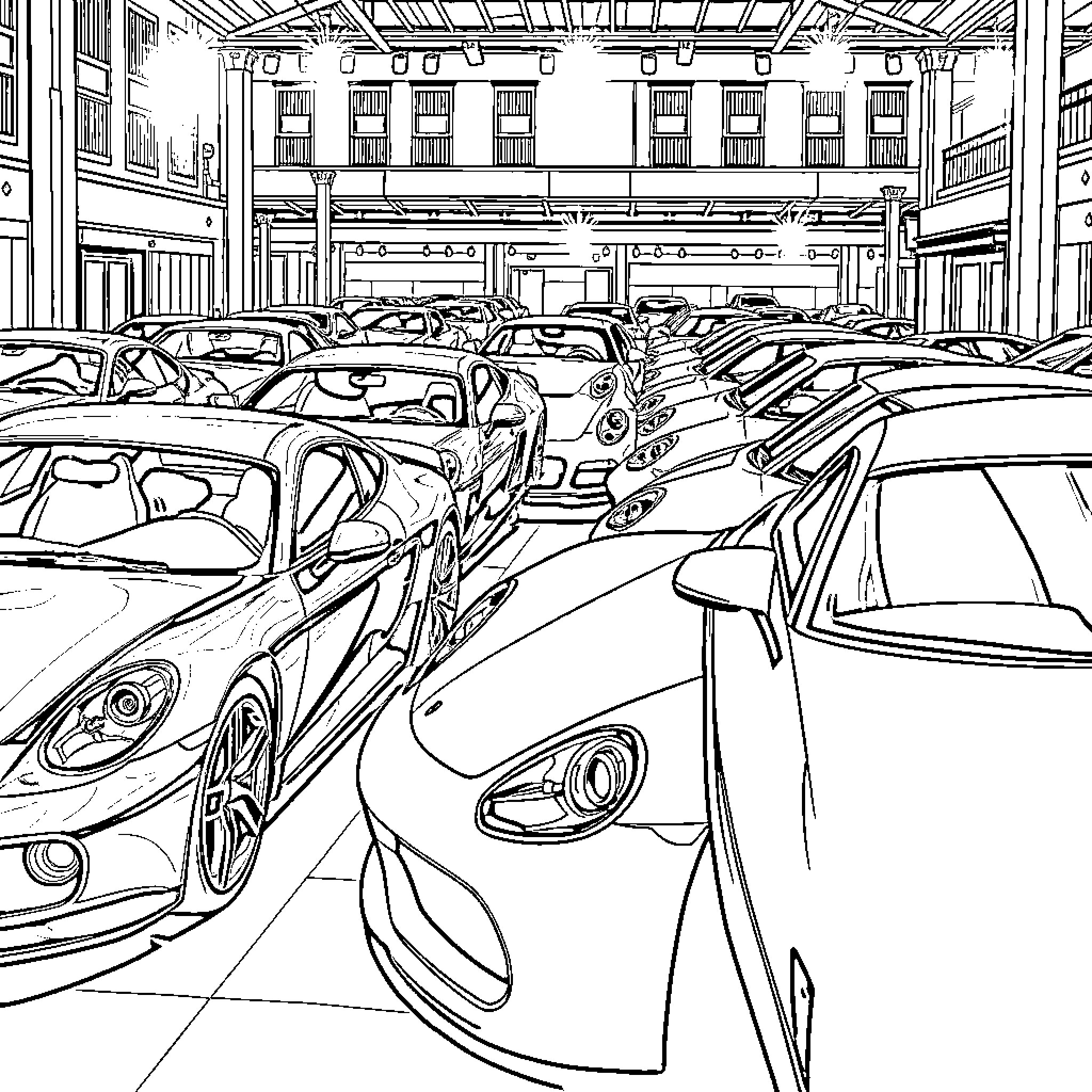 Car showroom filled with various luxury vehicles Coloring Page (free black-and-white line drawing printable PDF for all, from beginners to advanced learners, including children, teens, adults, and seniors)