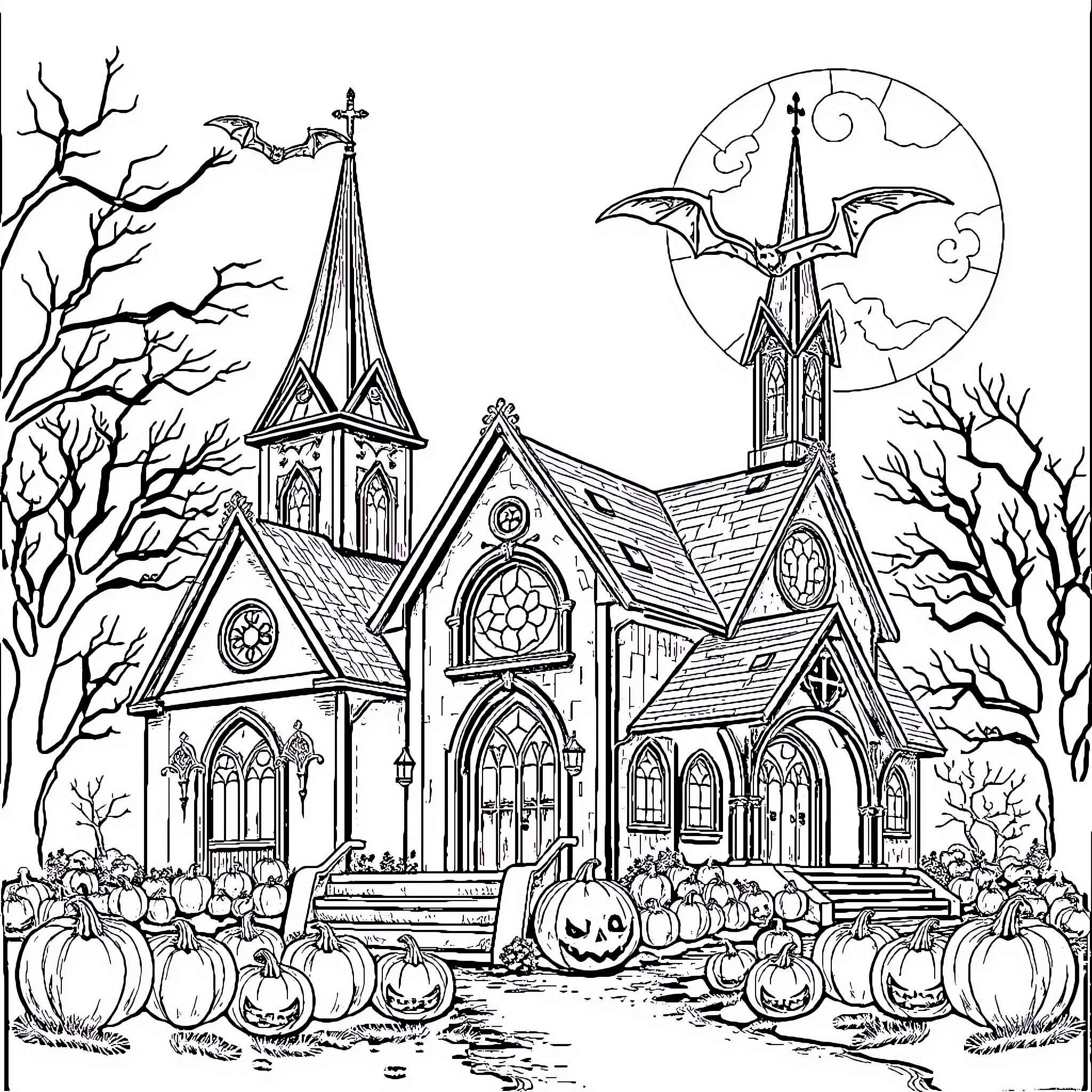 Bat-inspired haunted church on Halloween night Coloring Page (free black-and-white line drawing printable PDF for all, from beginners to advanced learners, including children, teens, adults, and seniors)