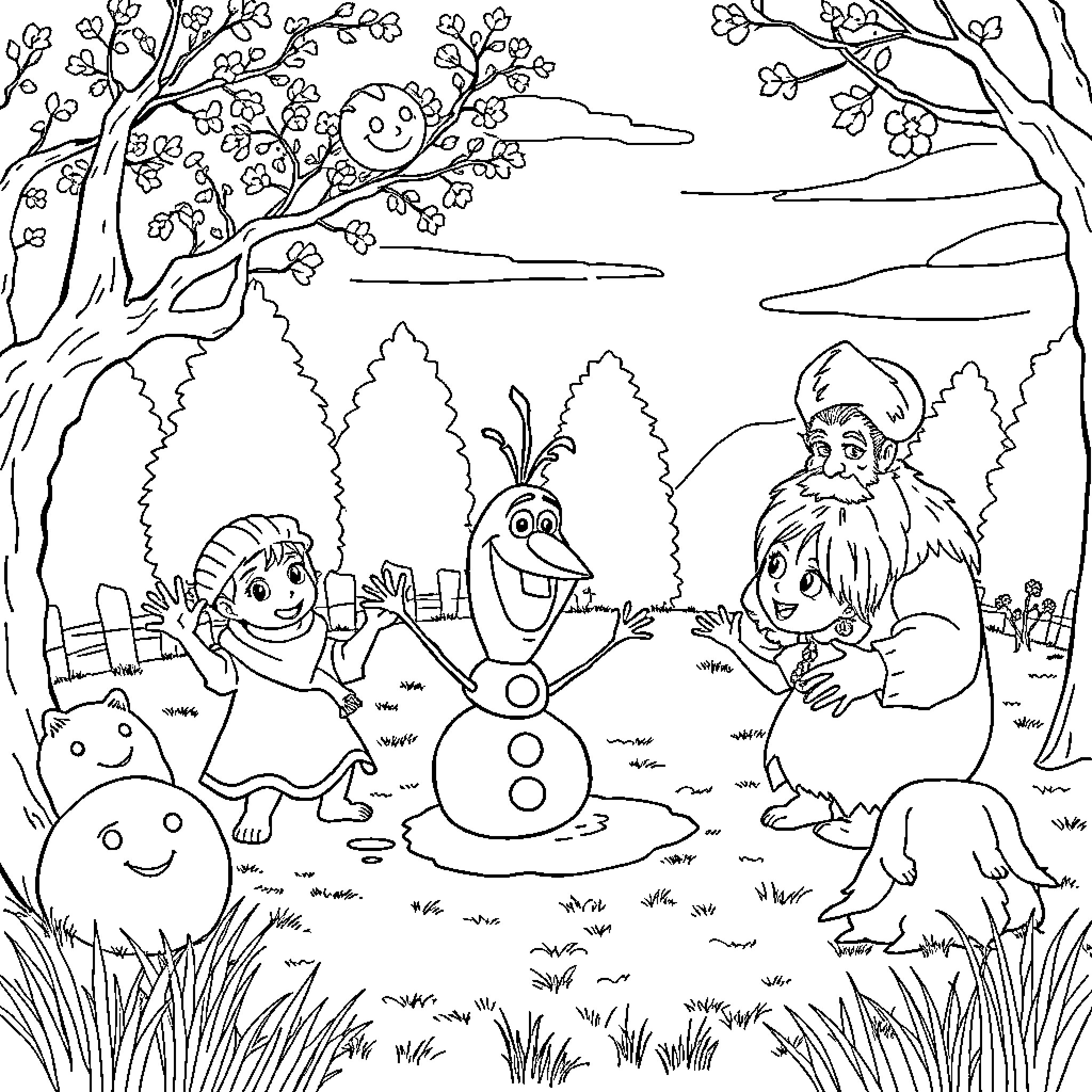 Personajes de dibujos animados jugando en un parque de invierno Coloring Page (free black-and-white line drawing printable PDF for all, from beginners to advanced learners, including children, teens, adults, and seniors)