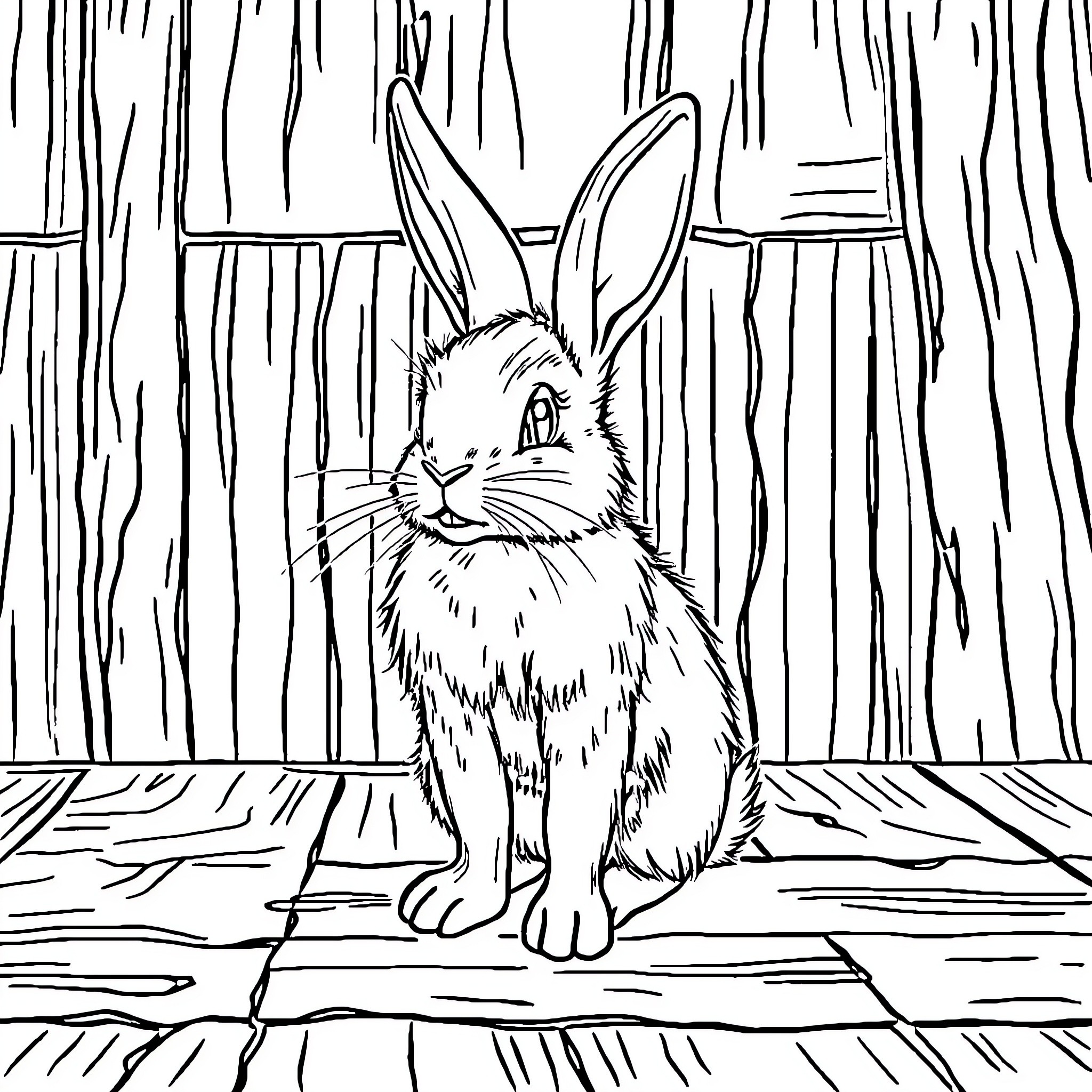 Rabbit sitting attentively in a wooden setting Coloring Page (free black-and-white line drawing printable PDF for all, from beginners to advanced learners, including children, teens, adults, and seniors)