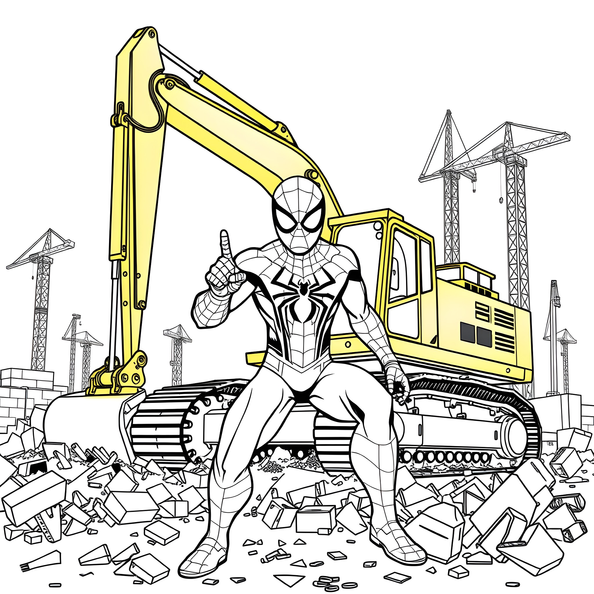 Spiderman in construction site, posing heroically Coloring Page (free black-and-white line drawing printable PDF for all, from beginners to advanced learners, including children, teens, adults, and seniors)
