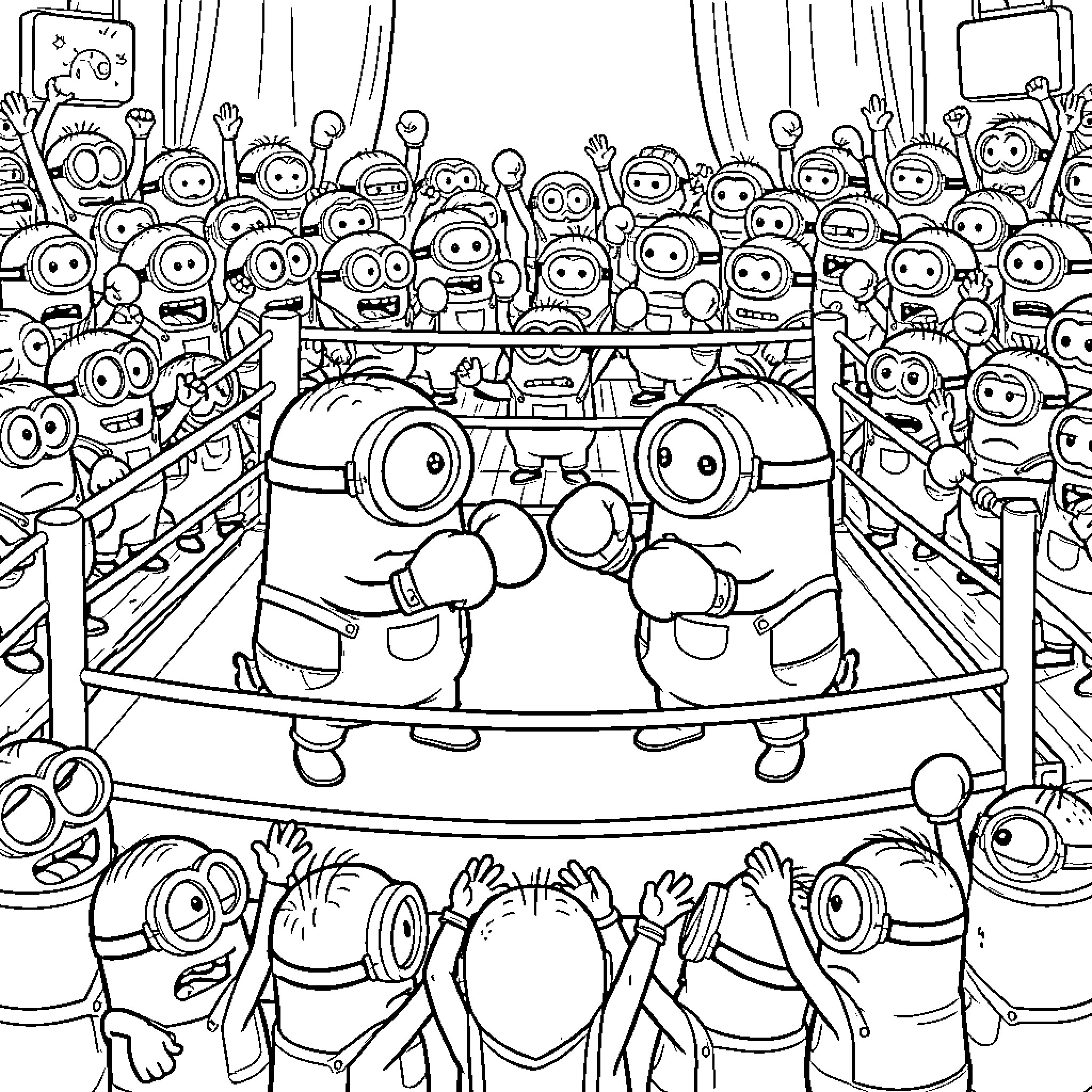 Minions boxing in a ring before an excited crowd Coloring Page (free black-and-white line drawing printable PDF for all, from beginners to advanced learners, including children, teens, adults, and seniors)