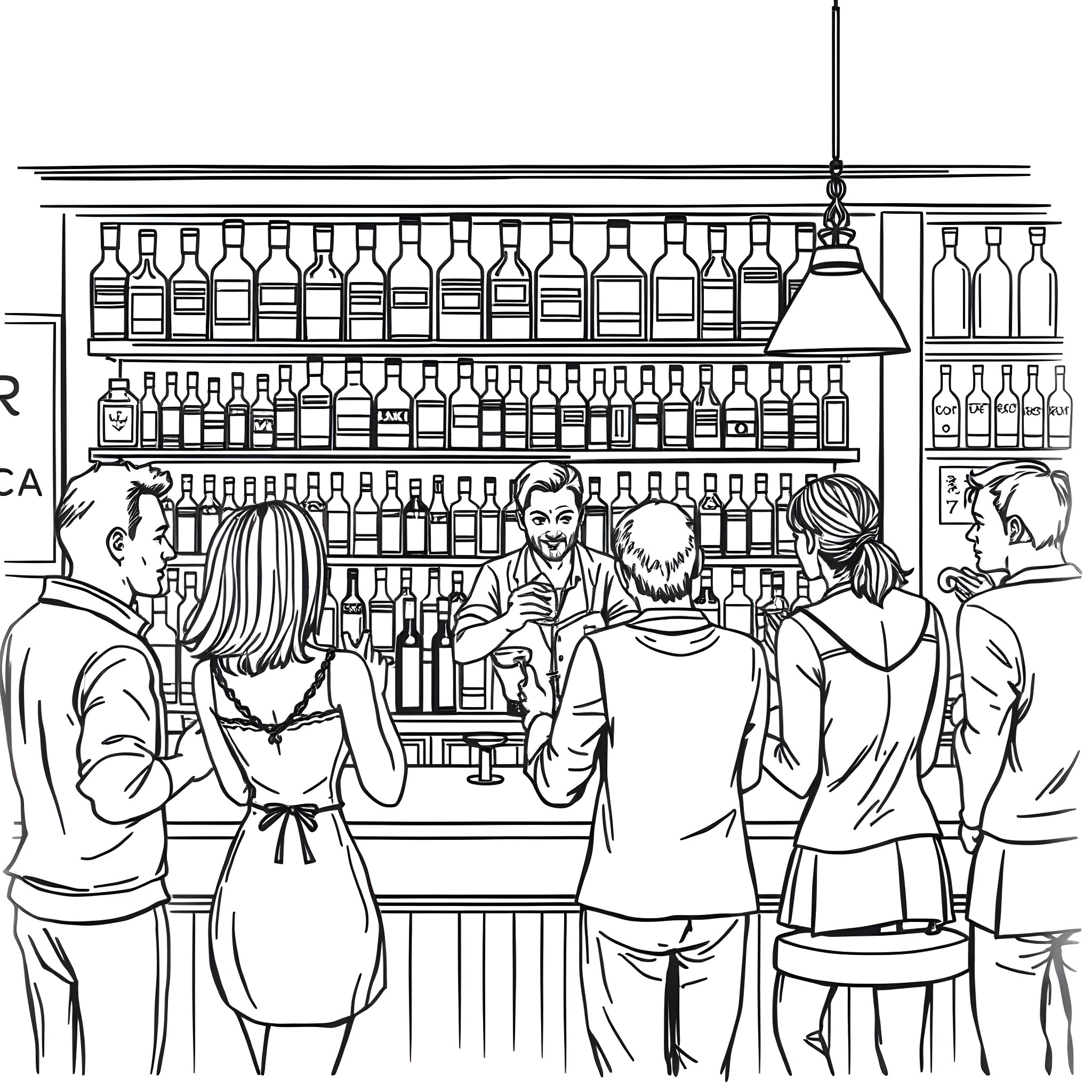 Ackmena's Busy Bar: People Enjoying Drinks and Conversation Coloring Page (free black-and-white line drawing printable PDF for all, from beginners to advanced learners, including children, teens, adults, and seniors)