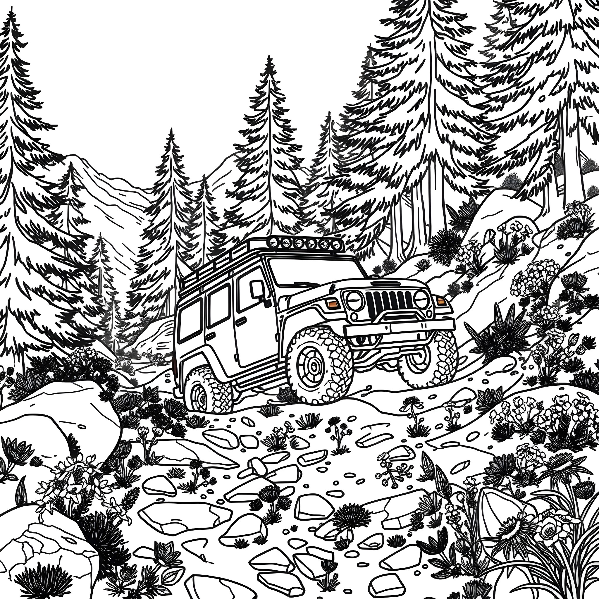 Off-road adventure through the forest Coloring Page (free black-and-white line drawing printable PDF for all, from beginners to advanced learners, including children, teens, adults, and seniors)