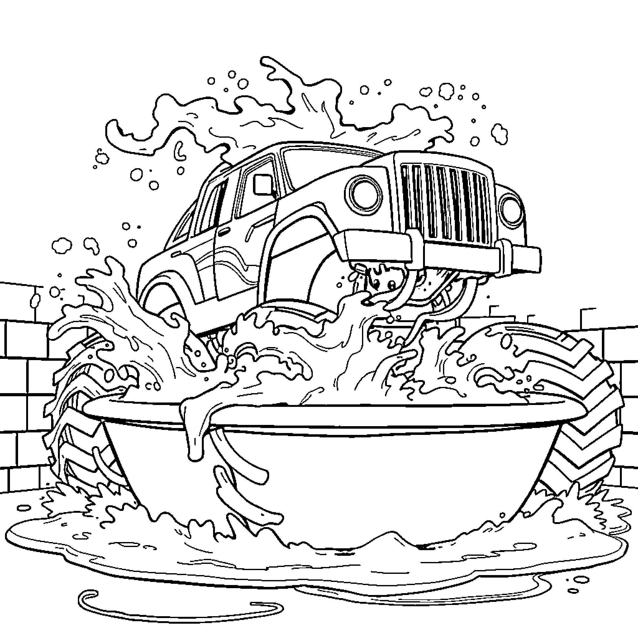 Monster Truck Splashing Through Muddy Puddle Coloring Page (free black-and-white line drawing printable PDF for all, from beginners to advanced learners, including children, teens, adults, and seniors)