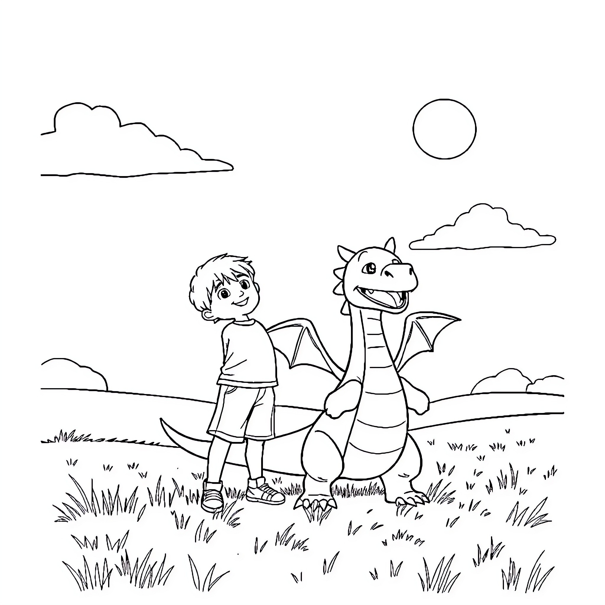 Boy playing with friendly dragon in scenic landscape Coloring Page (free black-and-white line drawing printable PDF for all, from beginners to advanced learners, including children, teens, adults, and seniors)