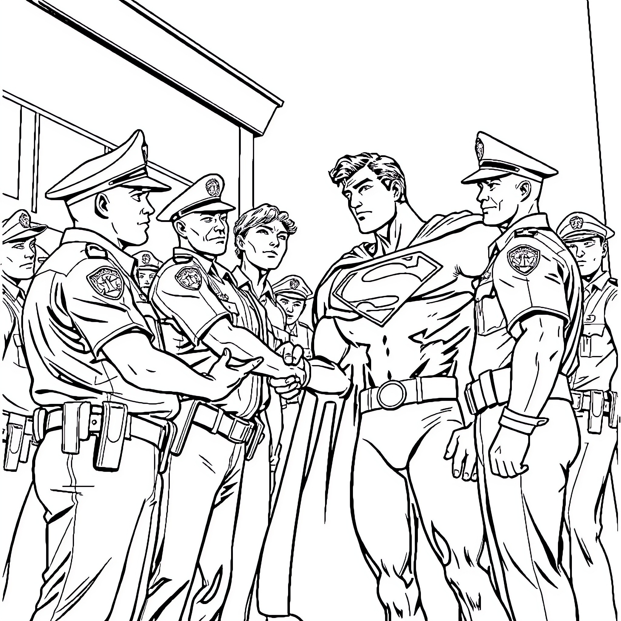 Superman meets with police officers in uniform Coloring Page (free black-and-white line drawing printable PDF for all, from beginners to advanced learners, including children, teens, adults, and seniors)