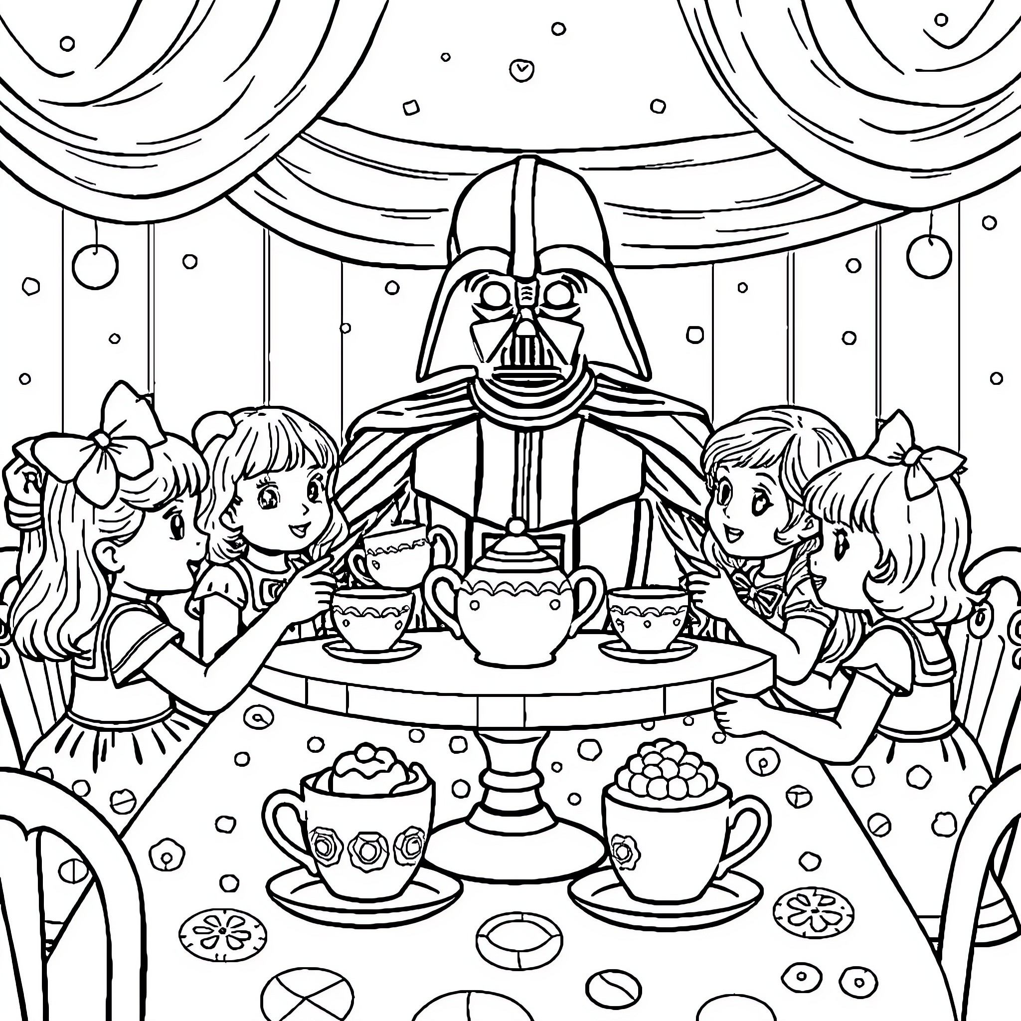Darth Vader Hosts a Whimsical Tea Party with Children Coloring Page (free black-and-white line drawing printable PDF for all, from beginners to advanced learners, including children, teens, adults, and seniors)